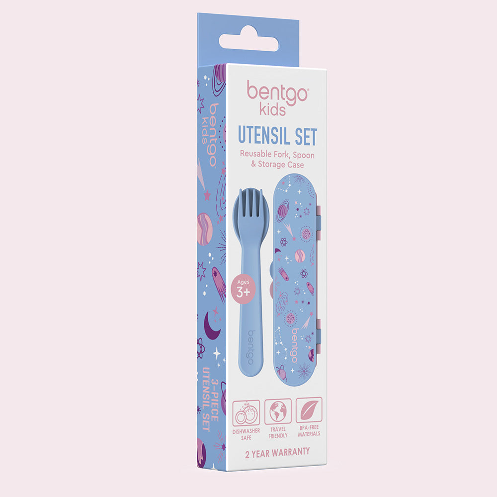 Bentgo® Kids Utensils Set | Lavender Galaxy - 3-Piece Utensil Set including a reusable fork, spoon, and storage case