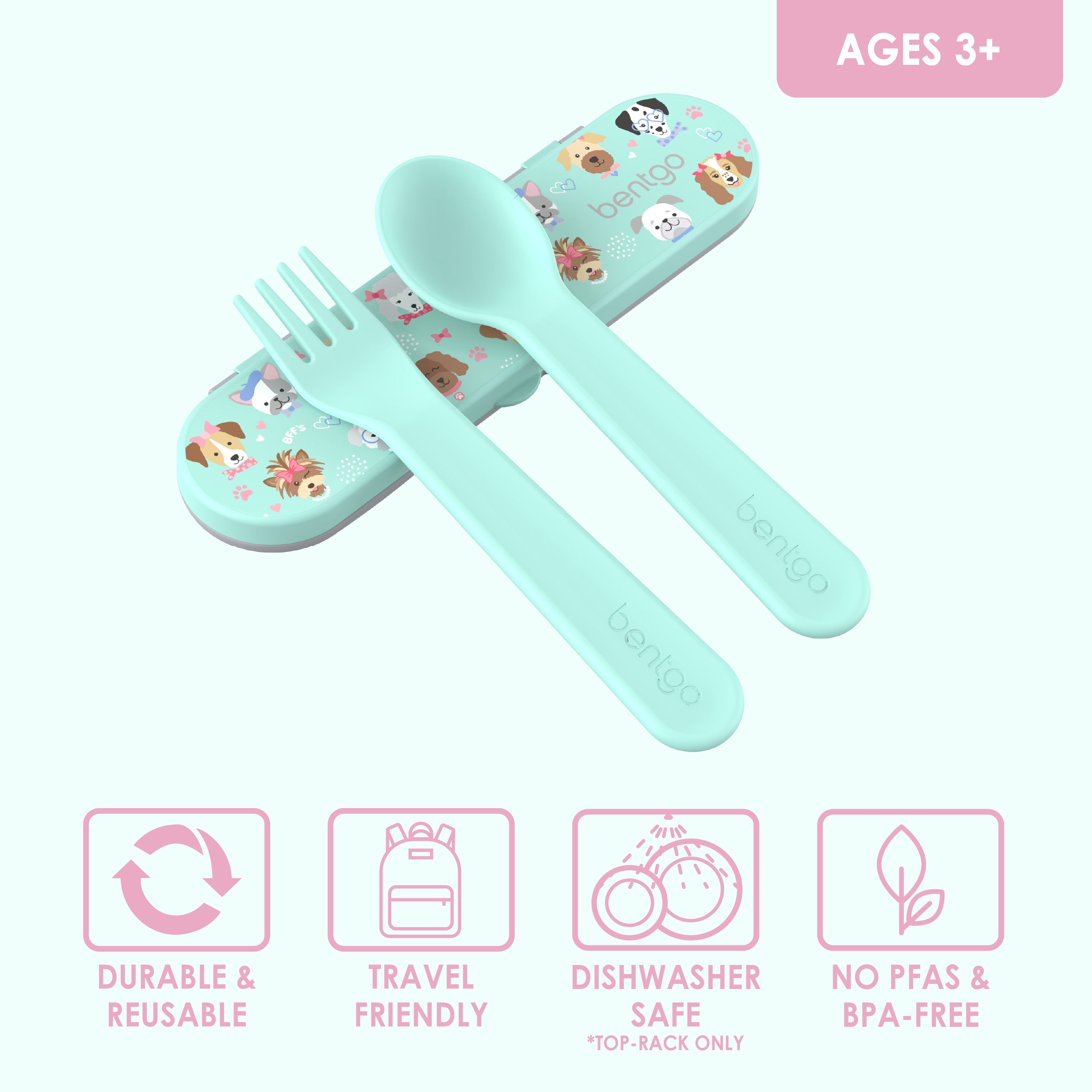 Bentgo® Kids Utensils Set - Puppy Love|  Ages 3+ | Durable & Reusable, Travel Friendly, Dishwasher Safe (Top-Rack Only), and No PFAS & BPA-Free