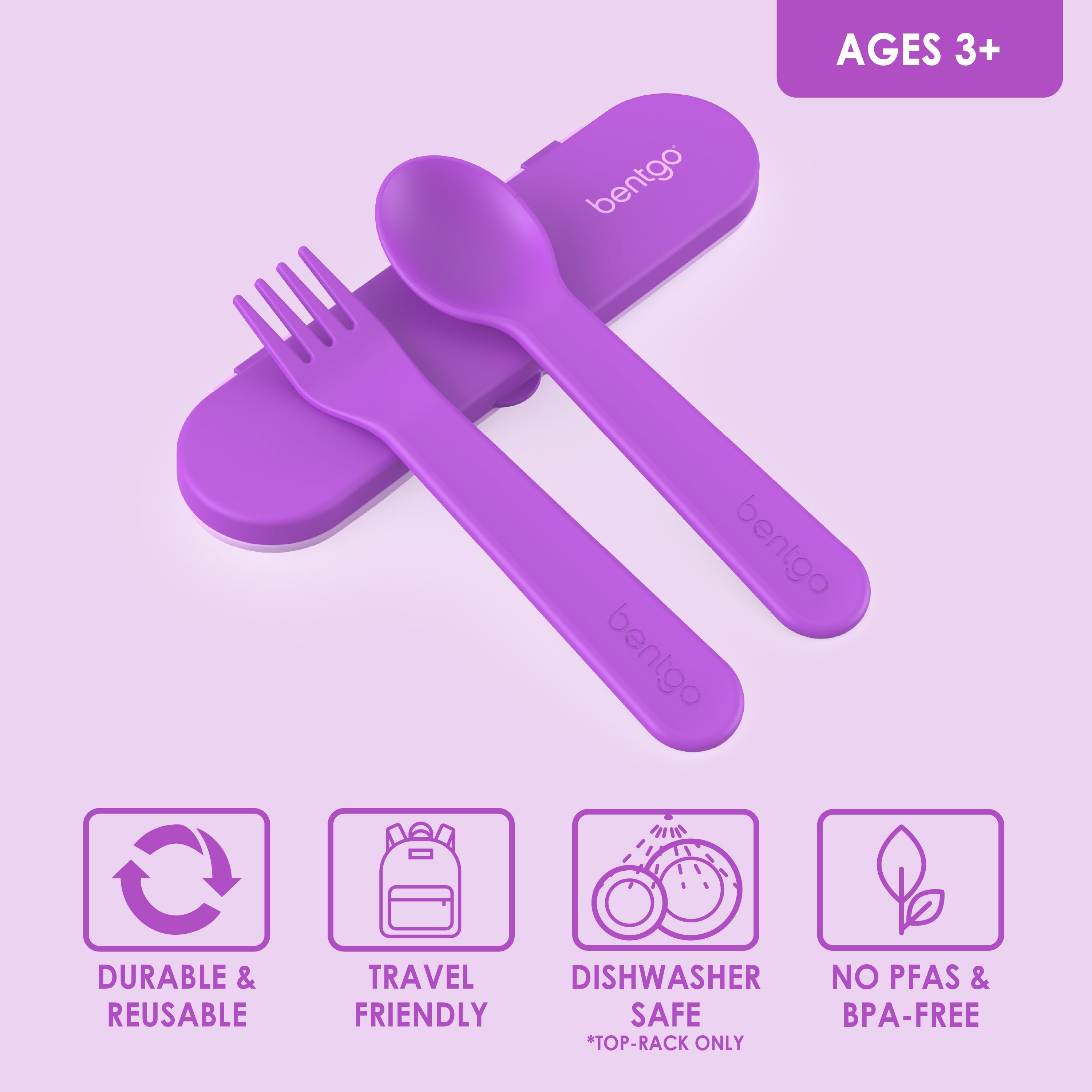 Bentgo® Kids Utensils Set - Purple|  Ages 3+ | Durable & Reusable, Travel Friendly, Dishwasher Safe (Top-Rack Only), and No PFAS & BPA-Free