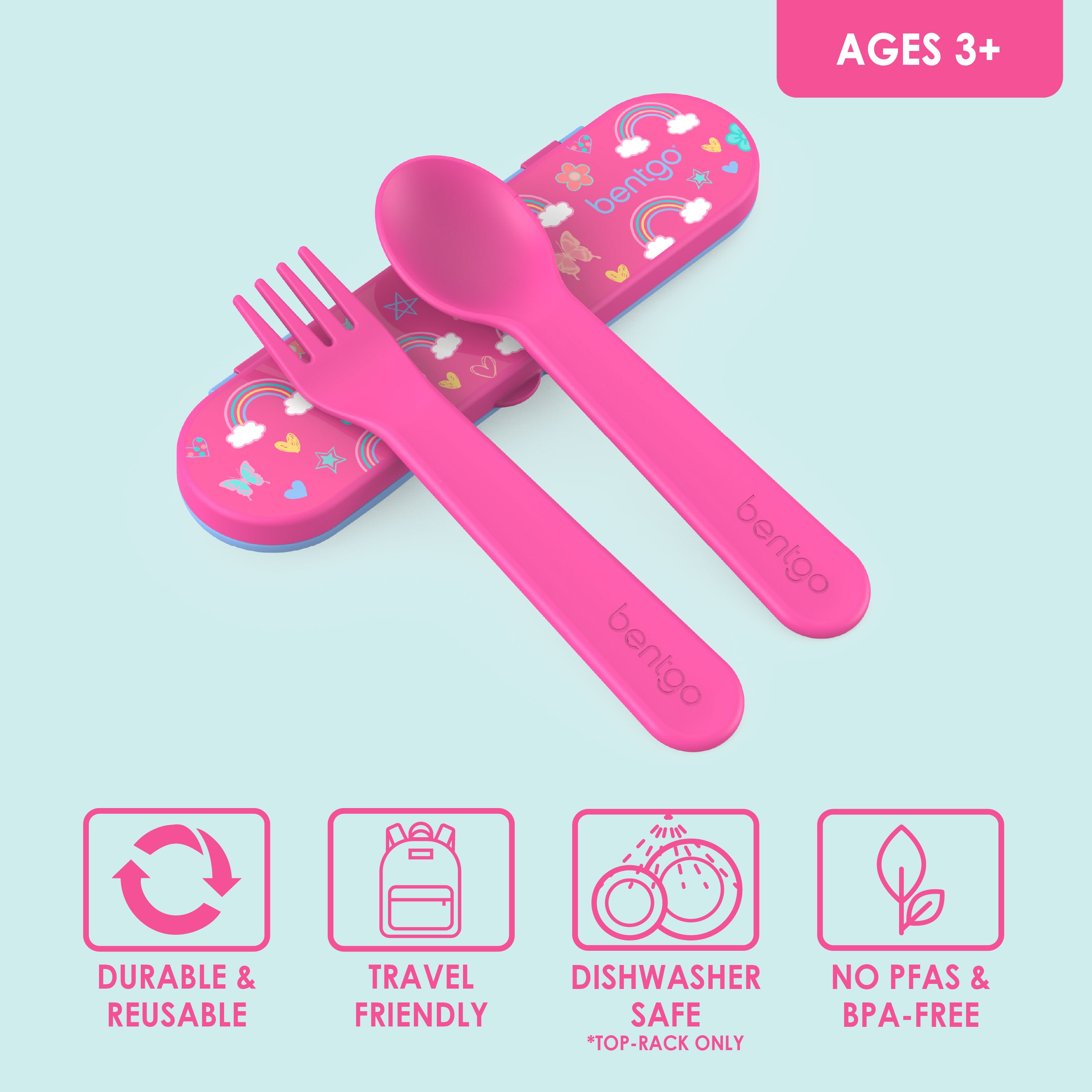 Bentgo® Kids Utensils Set - Rainbows and Butterflies|  Ages 3+ | Durable & Reusable, Travel Friendly, Dishwasher Safe (Top-Rack Only), and No PFAS & BPA-Free
