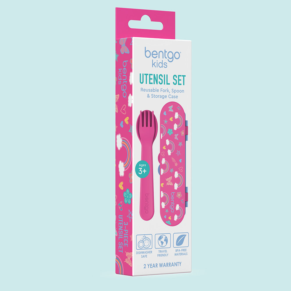 Bentgo® Kids Utensils Set | Rainbows and Butterflies - 3-Piece Utensil Set including a reusable fork, spoon, and storage case
