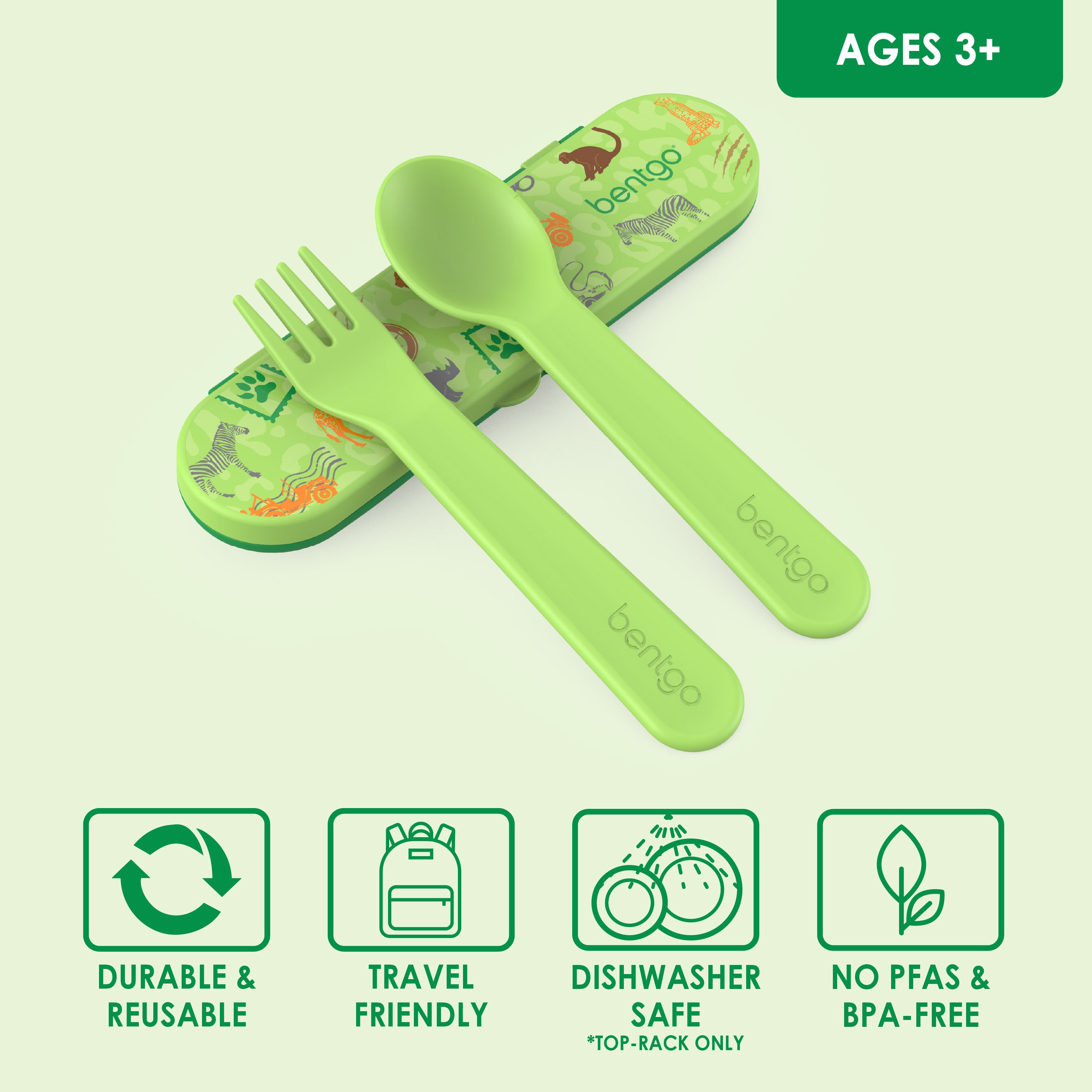 Bentgo® Kids Utensils Set - Safari |  Ages 3+ | Durable & Reusable, Travel Friendly, Dishwasher Safe (Top-Rack Only), and No PFAS & BPA-Free