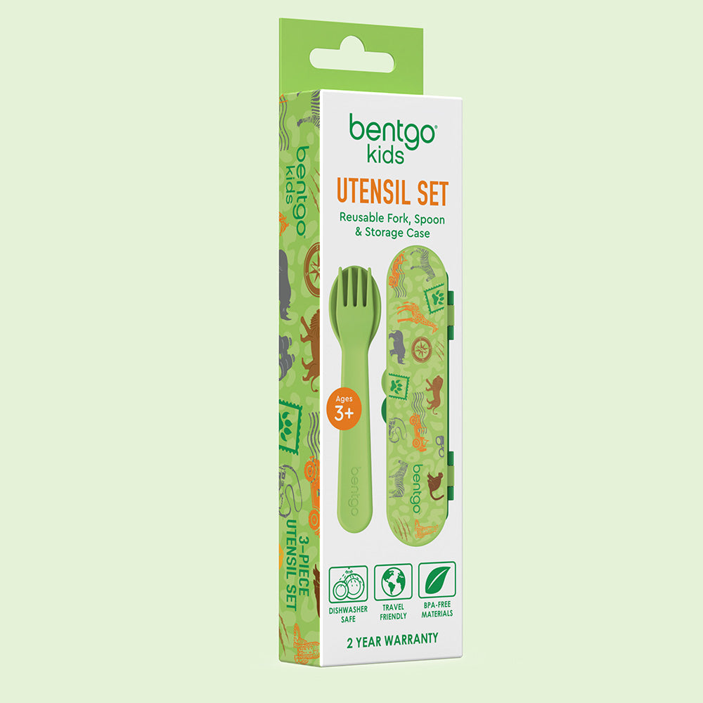 Bentgo® Kids Utensils Set | Safari - 3-Piece Utensil Set including a reusable fork, spoon, and storage case