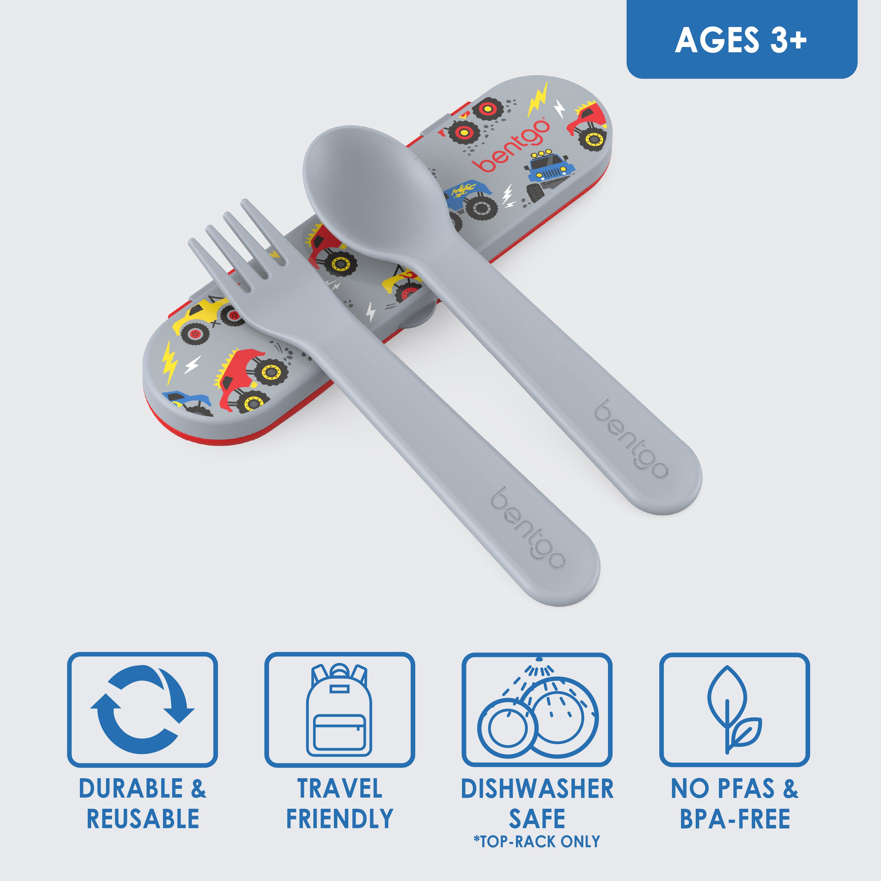 Bentgo® Kids Utensils Set - Trucks |  Ages 3+ | Durable & Reusable, Travel Friendly, Dishwasher Safe (Top-Rack Only), and No PFAS & BPA-Free