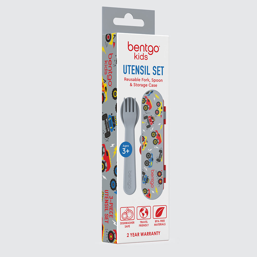 Bentgo® Kids Utensils Set | Trucks - 3-Piece Utensil Set including a reusable fork, spoon, and storage case