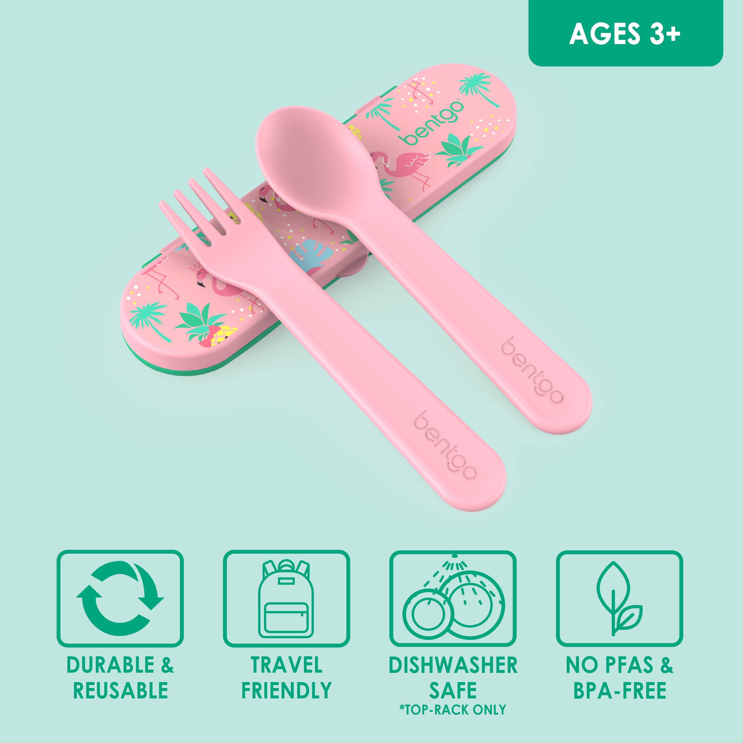 Bentgo® Kids Utensils Set - Tropical|  Ages 3+ | Durable & Reusable, Travel Friendly, Dishwasher Safe (Top-Rack Only), and No PFAS & BPA-Free
