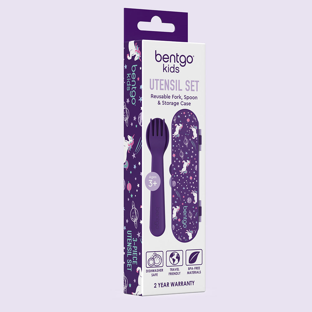 Bentgo® Kids Utensils Set | Unicorn - 3-Piece Utensil Set including a reusable fork, spoon, and storage case