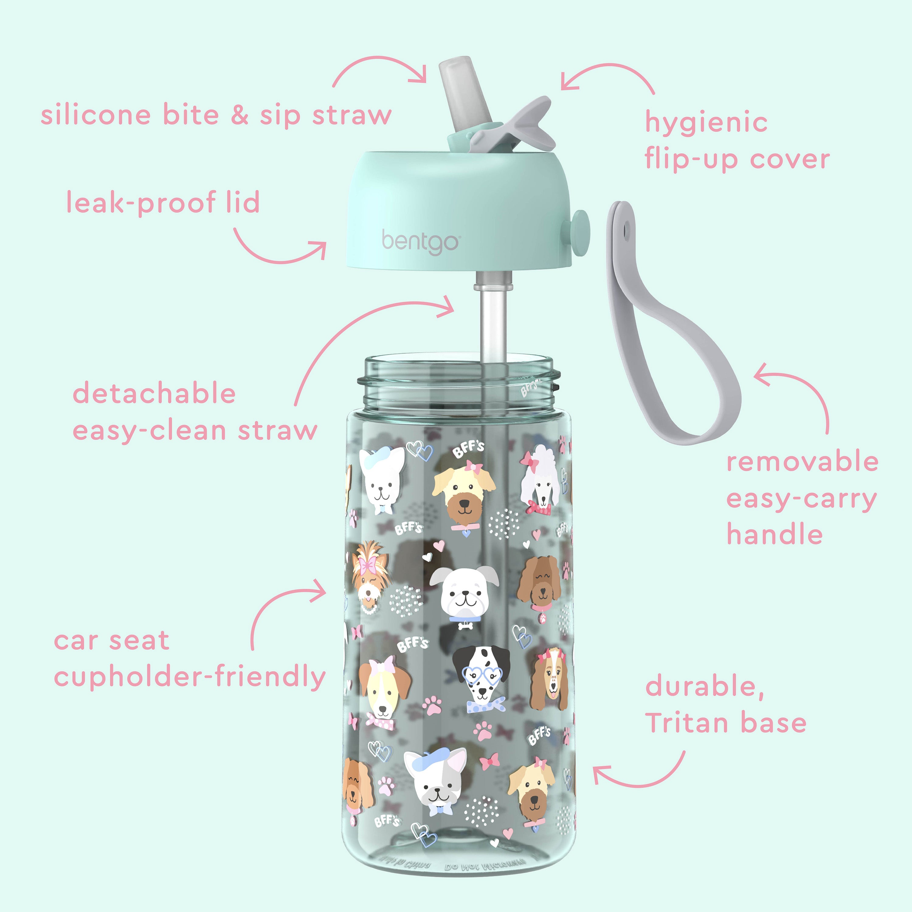 Bentgo® Kids Water Bottle  - Puppy Love | Hygienic Flip-Up Cover, Silicone Bite & Sip Straw, Leak-Proof Lid, Detachable Easy-Clean Straw, Durable Tritan Base, And Removable Easy-Carry Handle