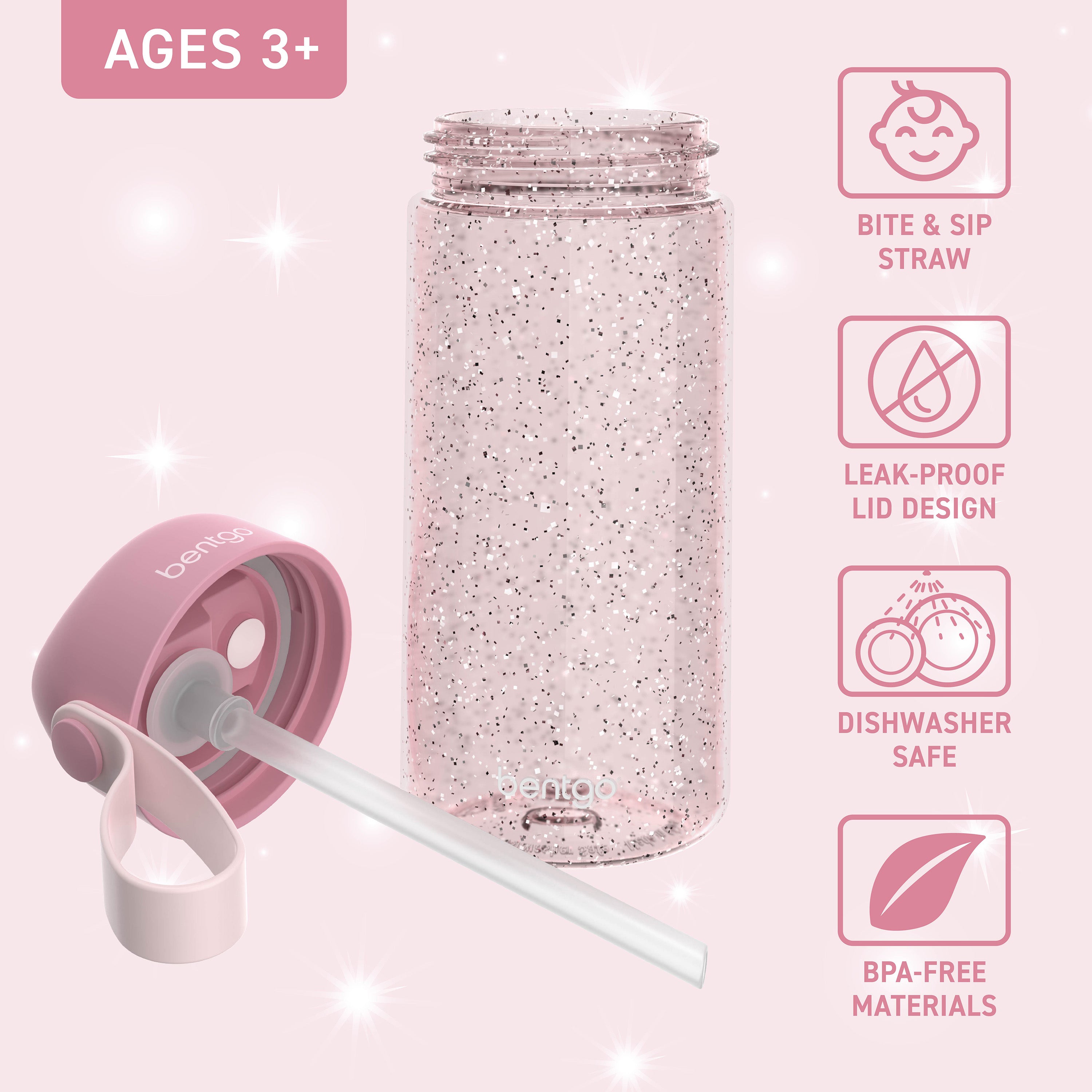 Bentgo® Kids Water Bottle (Glitter) - Petal Pink Glitter | Bite & Sip Straw, Leak-Proof Lid, Dishwasher Safe, And Made With BPA-Free Materials