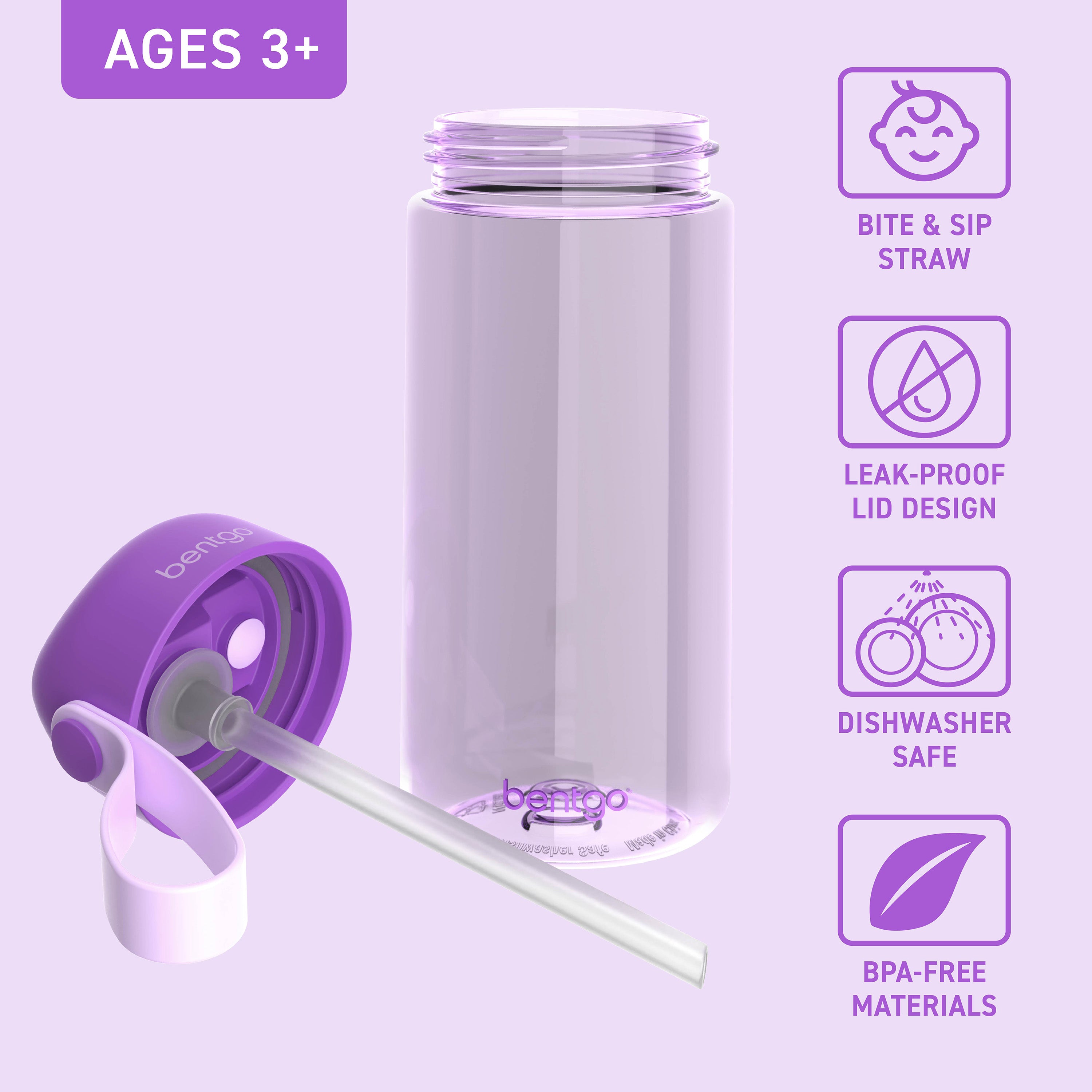 Bentgo® Kids Water Bottle  - Purple | Bite & Sip Straw, Leak-Proof Lid, Dishwasher Safe, And Made With BPA-Free Materials