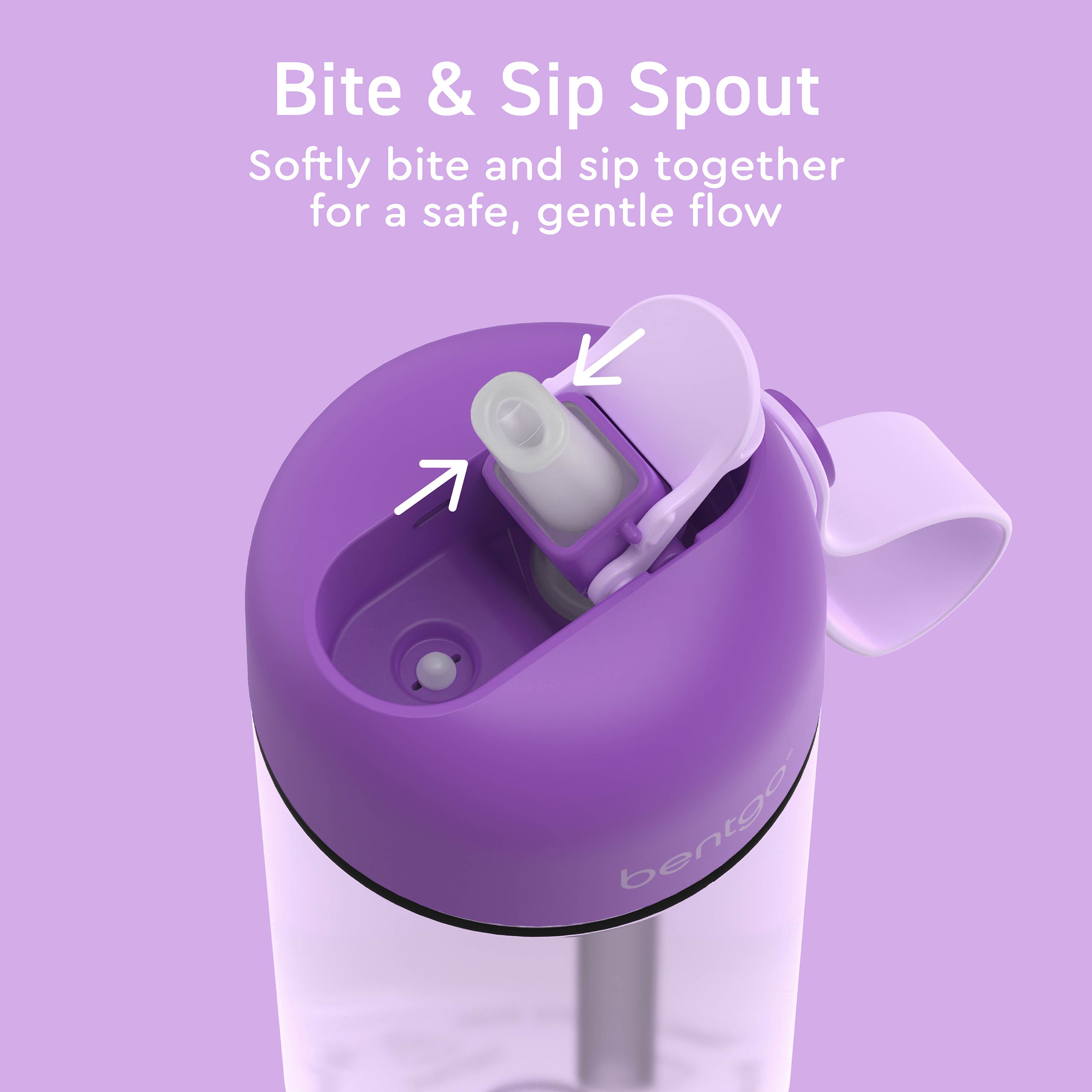 Bentgo® Kids Water Bottle  - Purple | Bite & Sip Spout  - Softly Bite And Sip Together For A Safe, Gentle Flow