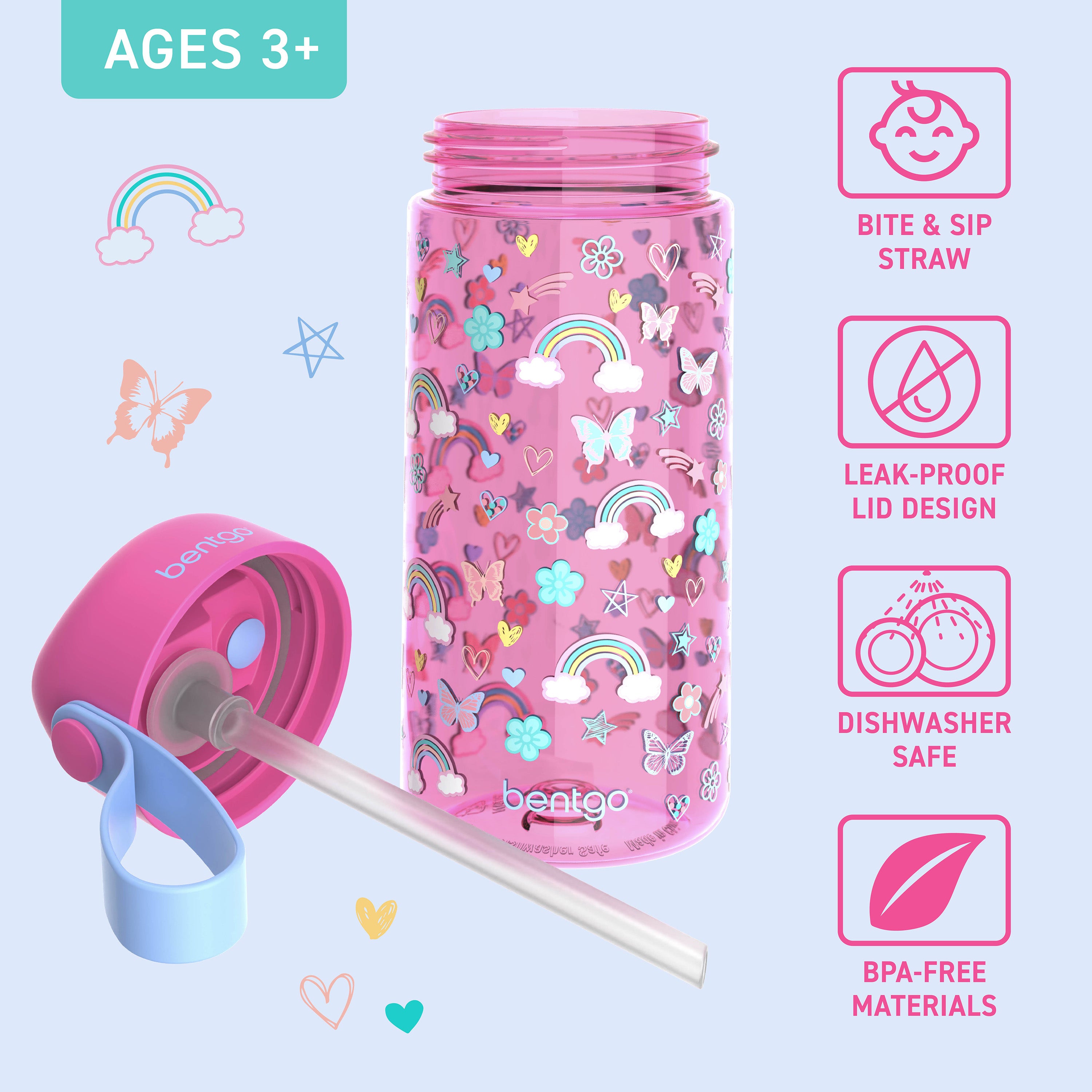 Bentgo® Kids Water Bottle  - Rainbows and Butterflies | Bite & Sip Straw, Leak-Proof Lid, Dishwasher Safe, And Made With BPA-Free Materials