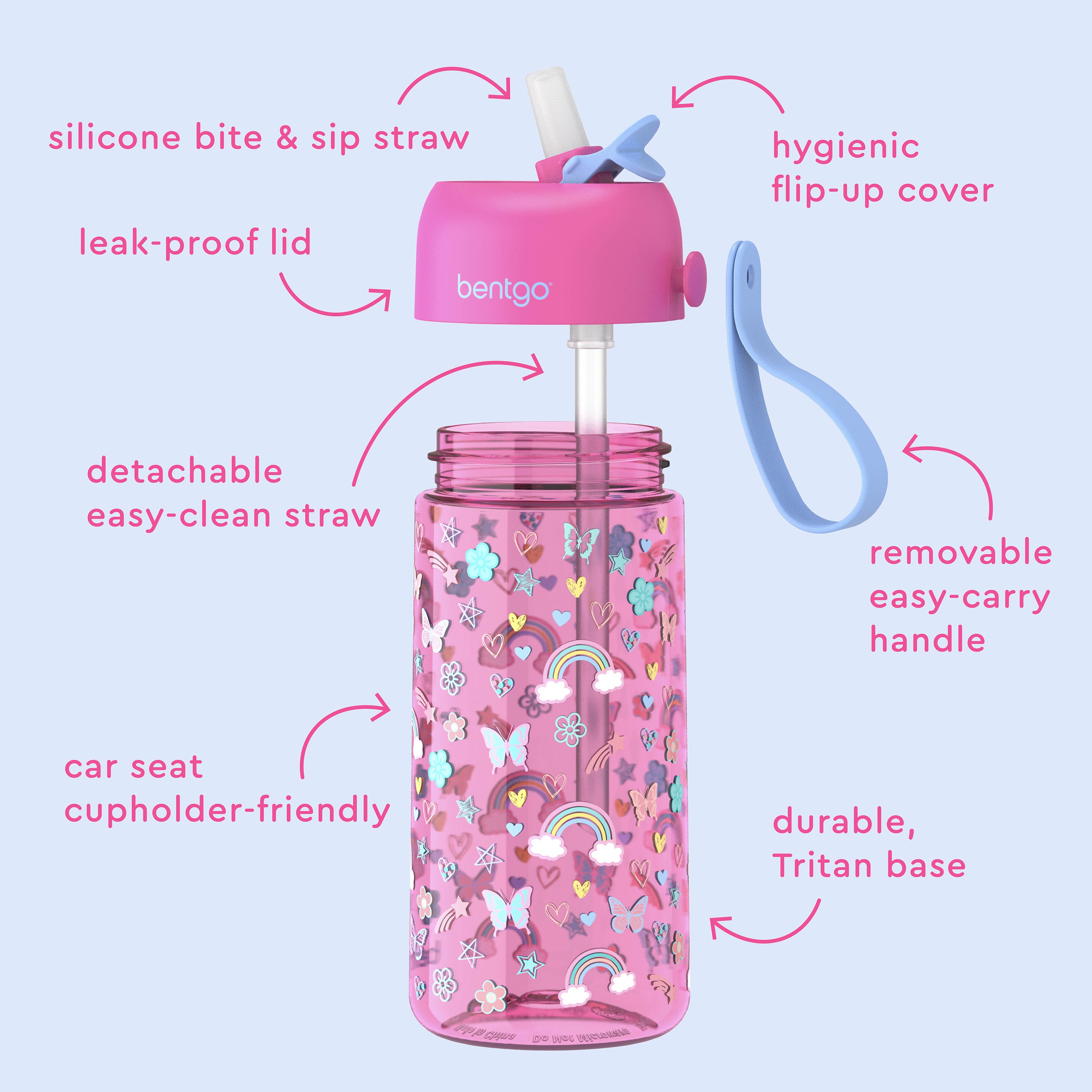 Bentgo® Kids Water Bottle  - Rainbows and Butterflies | Hygienic Flip-Up Cover, Silicone Bite & Sip Straw, Leak-Proof Lid, Detachable Easy-Clean Straw, Durable Tritan Base, And Removable Easy-Carry Handle