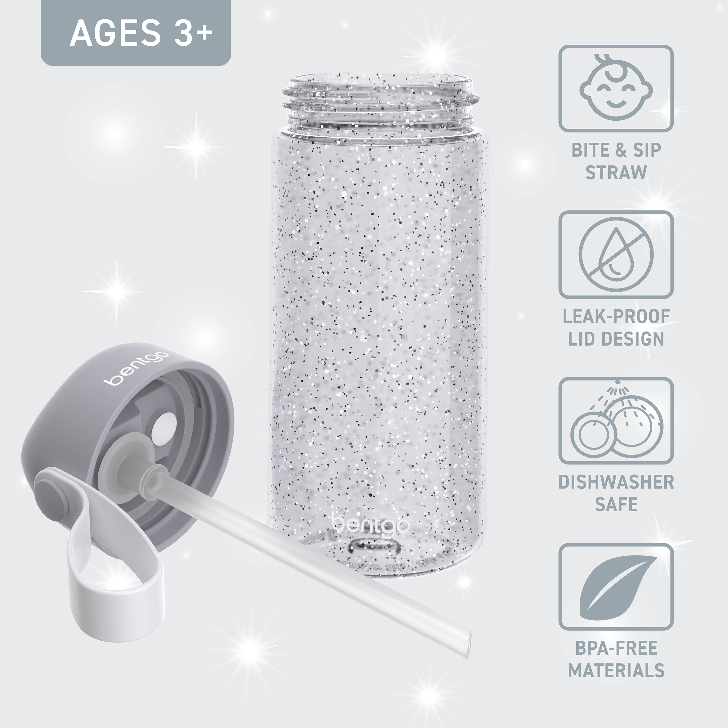 Bentgo® Kids Water Bottle  - Silver Glitter | Bite & Sip Straw, Leak-Proof Lid, Dishwasher Safe, And Made With BPA-Free Materials