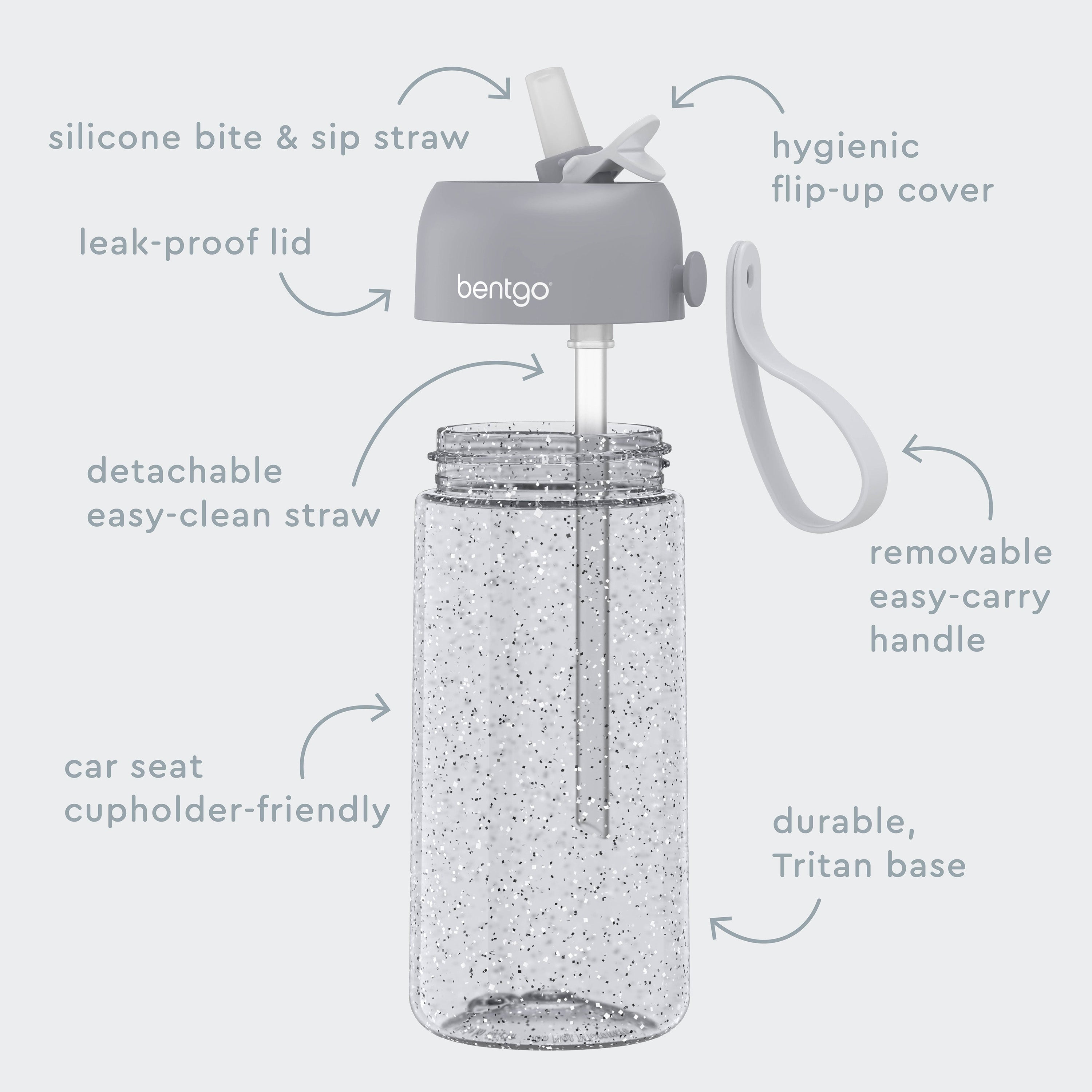 Bentgo® Kids Water Bottle  - Silver Glitter | Hygienic Flip-Up Cover, Silicone Bite & Sip Straw, Leak-Proof Lid, Detachable Easy-Clean Straw, Durable Tritan Base, And Removable Easy-Carry Handle