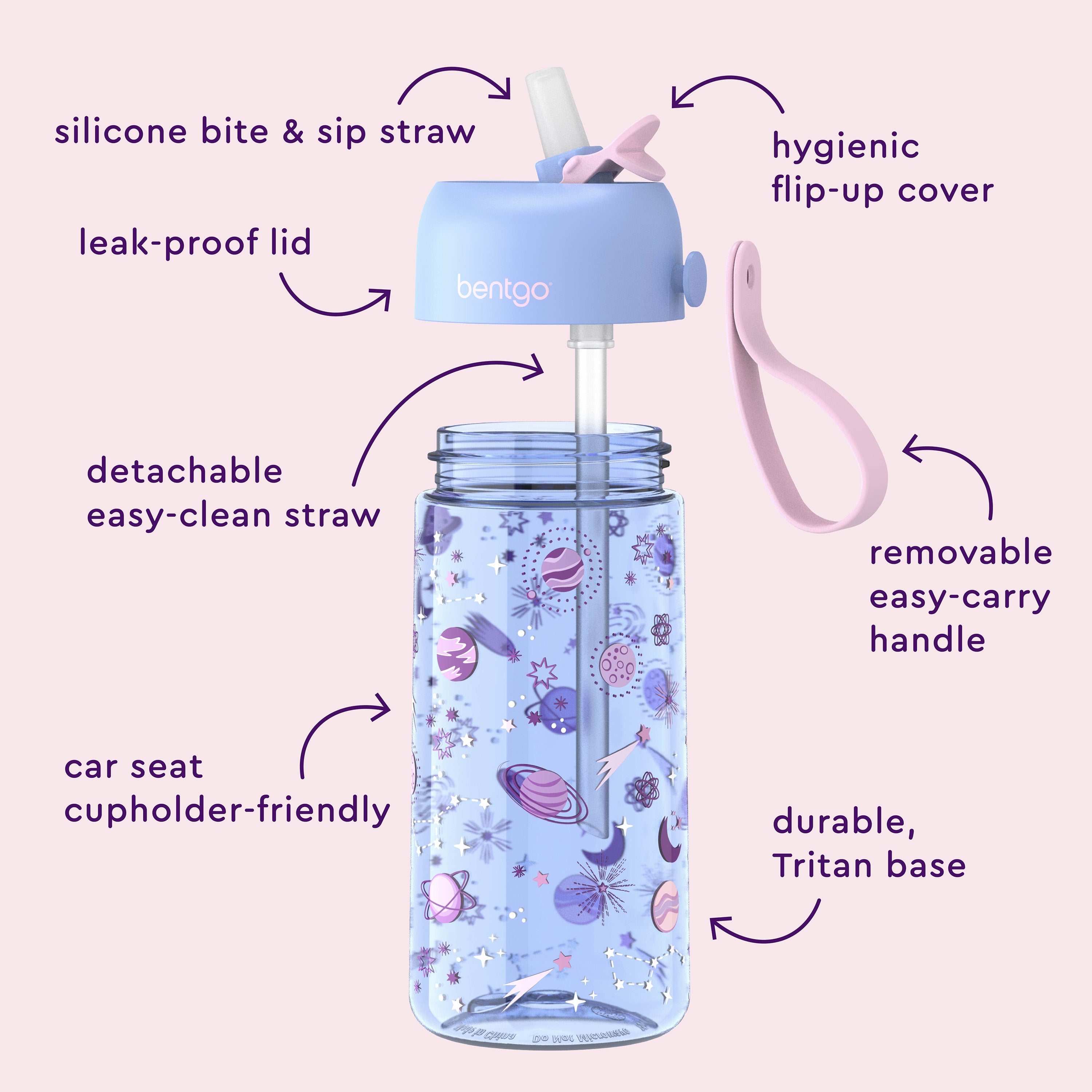 Bentgo® Kids Prints Water Bottle (2-Pack) - Unicorn/Lavender Galaxy | Hygienic Flip-Up Cover, Silicone Bite & Sip Straw, Leak-Proof Lid, Detachable Easy-Clean Straw, Durable Tritan Base, And Removable Easy-Carry Handle