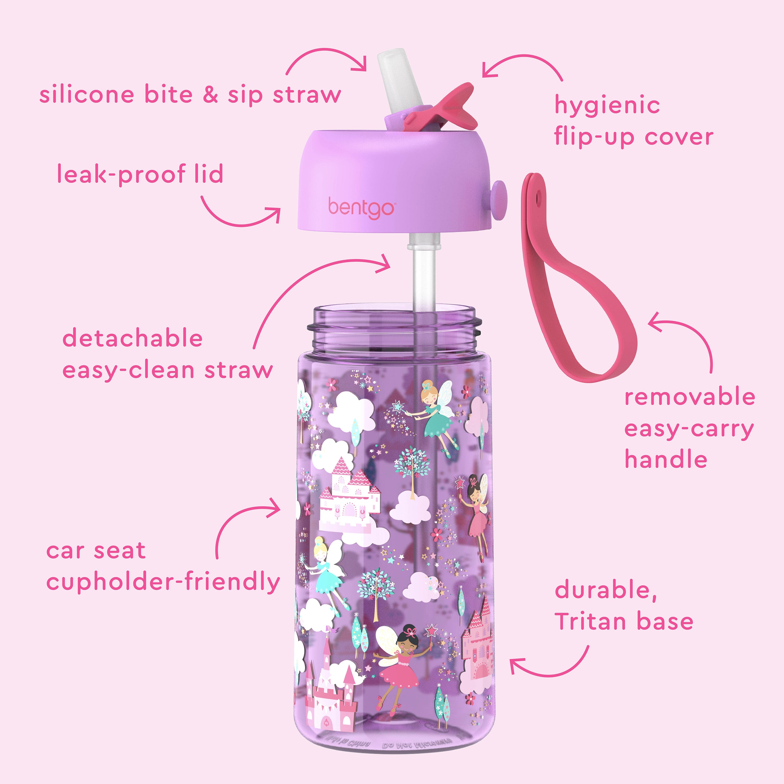 Bentgo® Kids Prints Water Bottle (2-Pack) - Rainbows Butterflies/Fairies | Hygienic Flip-Up Cover, Silicone Bite & Sip Straw, Leak-Proof Lid, Detachable Easy-Clean Straw, Durable Tritan Base, And Removable Easy-Carry Handle