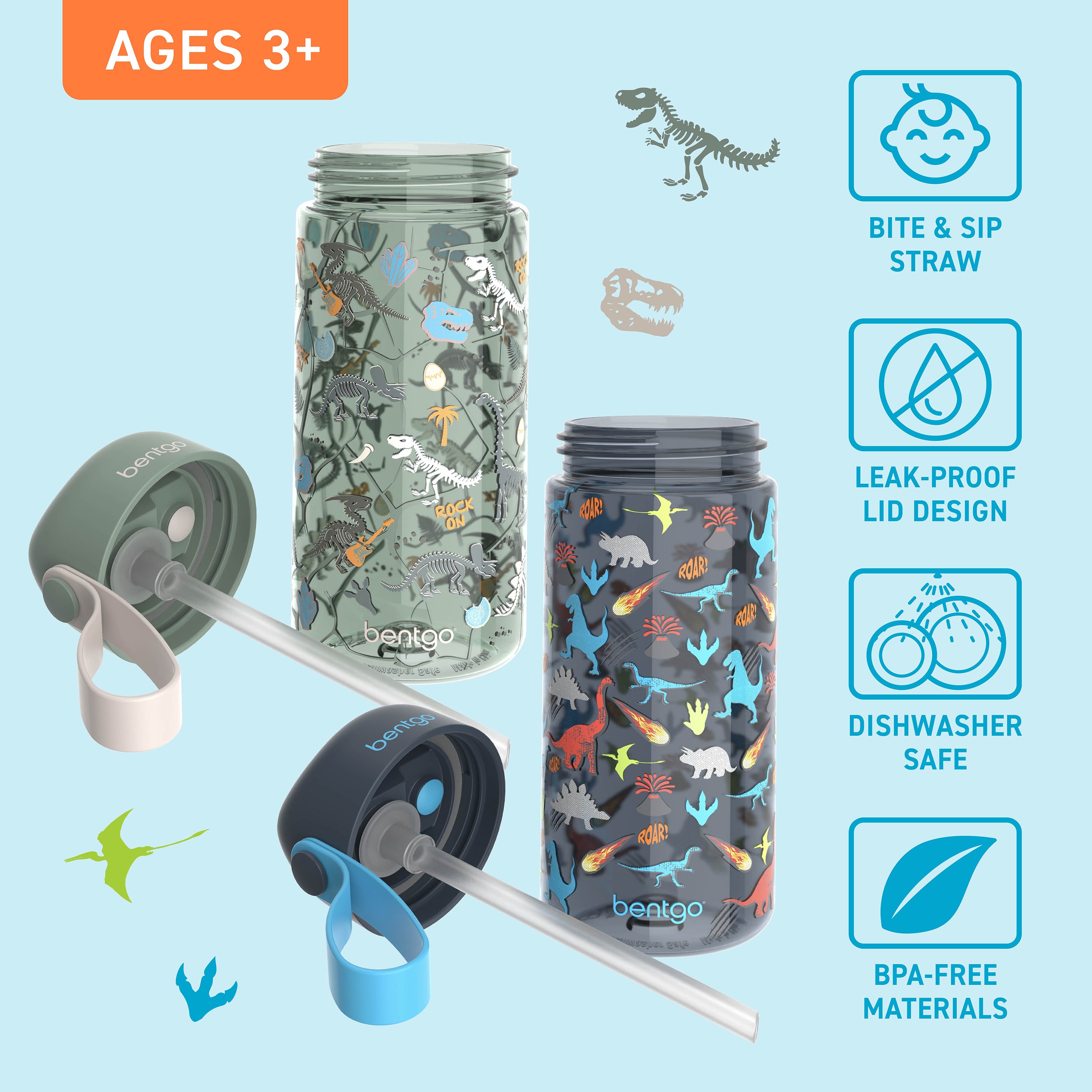 Bentgo® Kids Prints Water Bottle (2-Pack) - Dinosaur/Dino Fossils | Bite & Sip Straw, Leak-Proof Lid, Dishwasher Safe, And Made With BPA-Free Materials