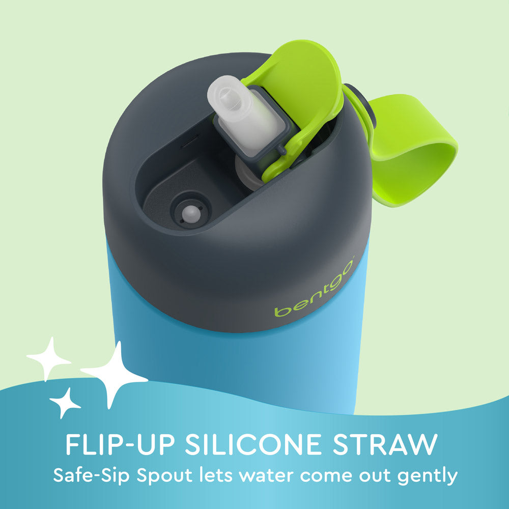 Bentgo® Kids Stainless Steel Insulated Water Bottle (2-Pack)  - Dinosaur/Dino-Mite Blue | Flip-Up Silicone Straw - Safe-Sip Spout Lets Water Come Out Gently