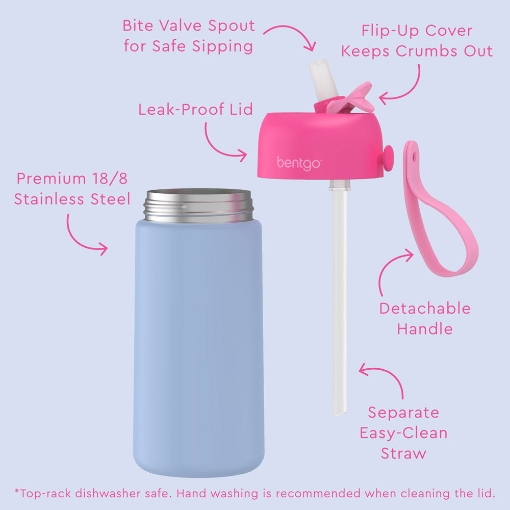 Bentgo® Kids Stainless Steel Insulated Water Bottle (2-Pack)  - Rainbows/Periwinkle | Features Bite Valve Spout For Safe Sipping, Flip-Up Cover Keeps Crumbs Out, Detachable Handle, Premium 18/8 Stainless Steel, Separate Easy-Clean Straw, And Leak-Proof Lid