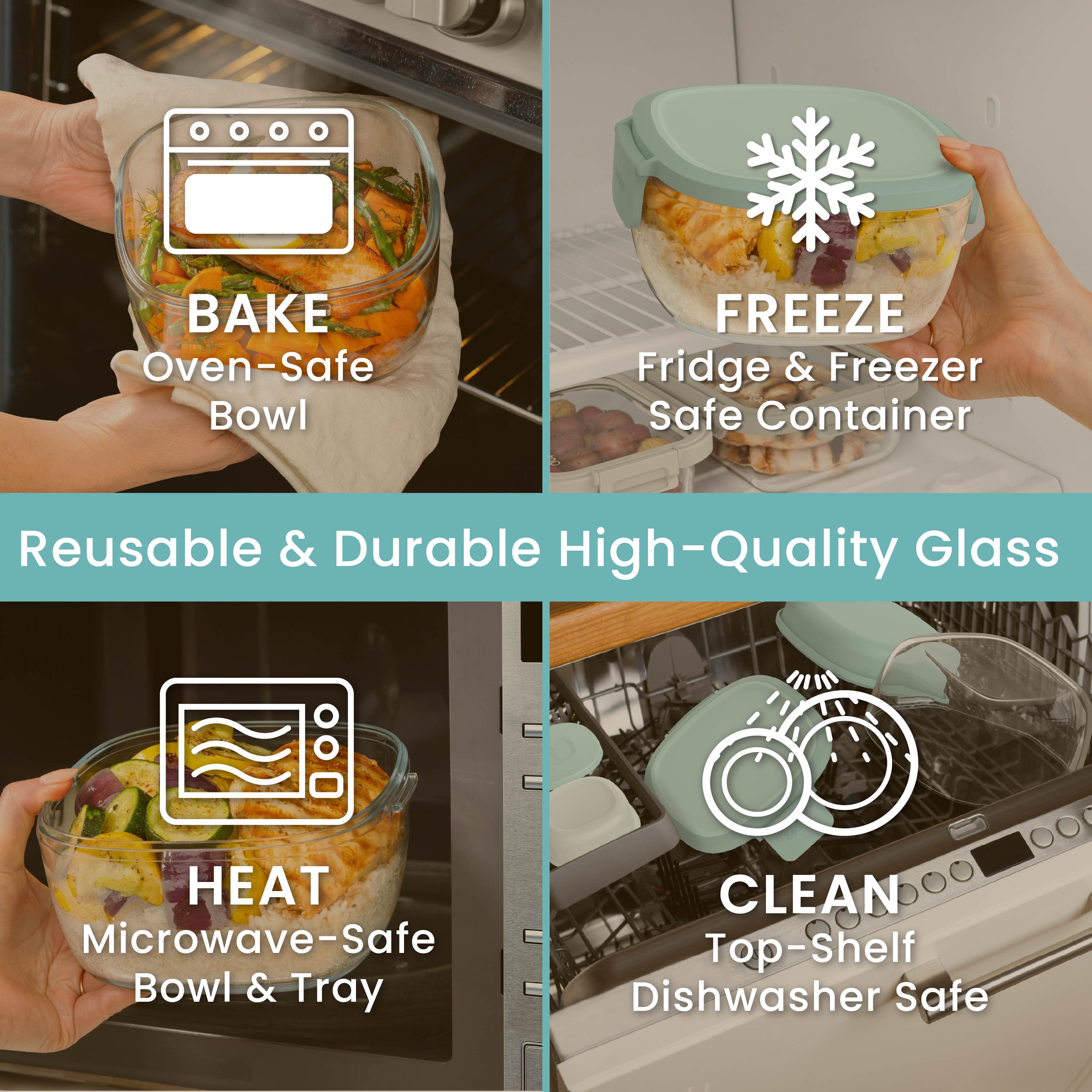 Bentgo® Glass Salad Container - Coastal Seaglass | Made With Reusable & Durable High-Quality Glass. Oven Safe, Fridge & Freezer Safe, Microwave Safe, and Top-Shelf Dishwasher Safe