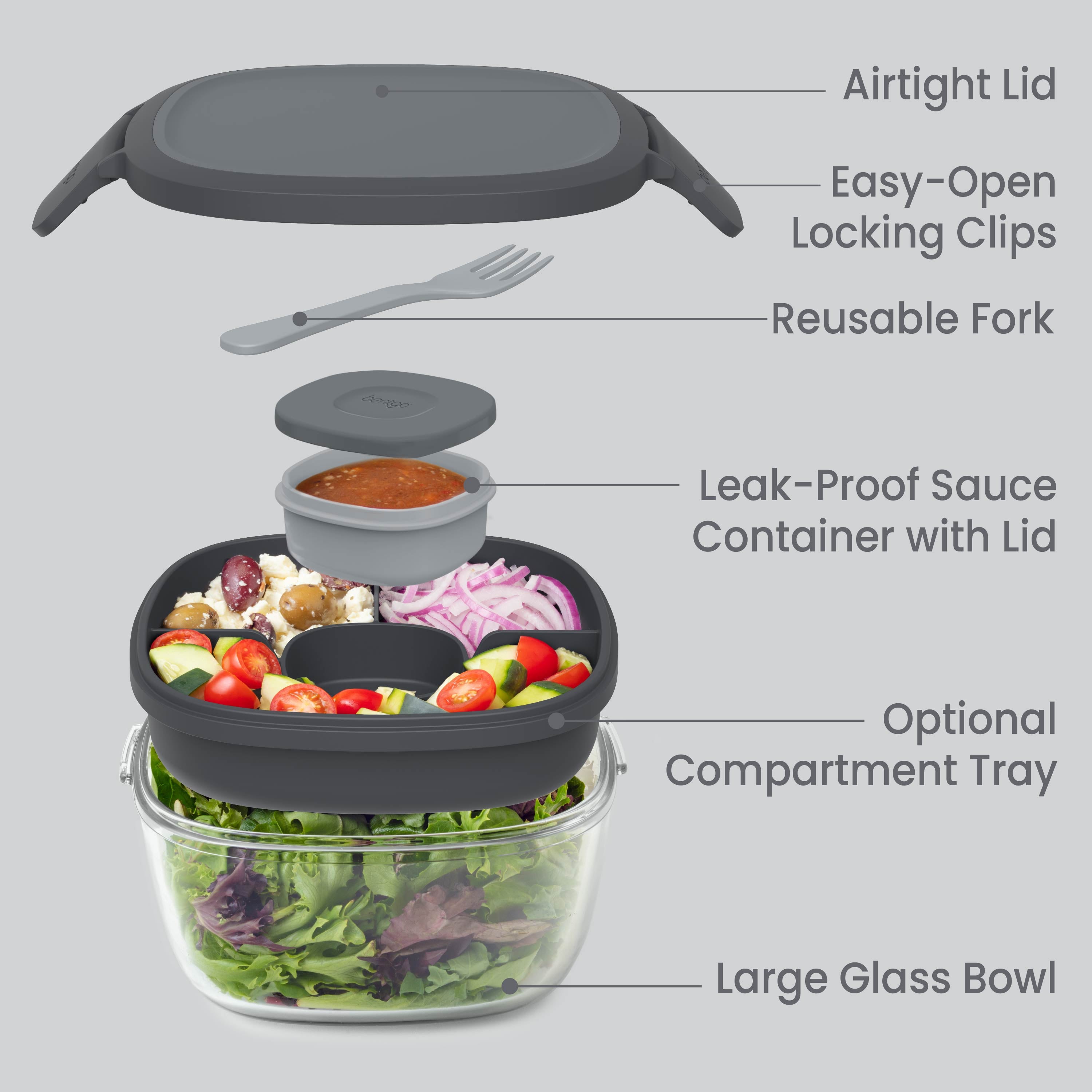 Bentgo® Glass Salad Container - Dark Gray | Salad Container Contains An Airtight Lid, Easy-Open Locking Clips, Reusable Fork, Leak-Proof Sauce Container With Lid, Optional Compartment Tray, And Large Glass Bowl