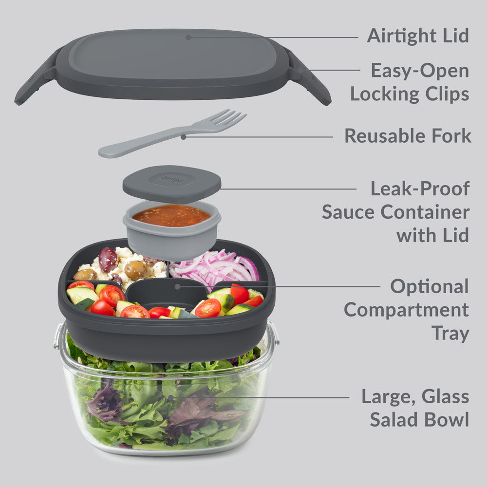 Bentgo® Glass Salad Container - Dark Gray | Salad Container Contains An Airtight Lid, Easy-Open Locking Clips, Reusable Fork, Leak-Proof Sauce Container With Lid, Optional Compartment Tray, And Large, Glass Salad Bowl