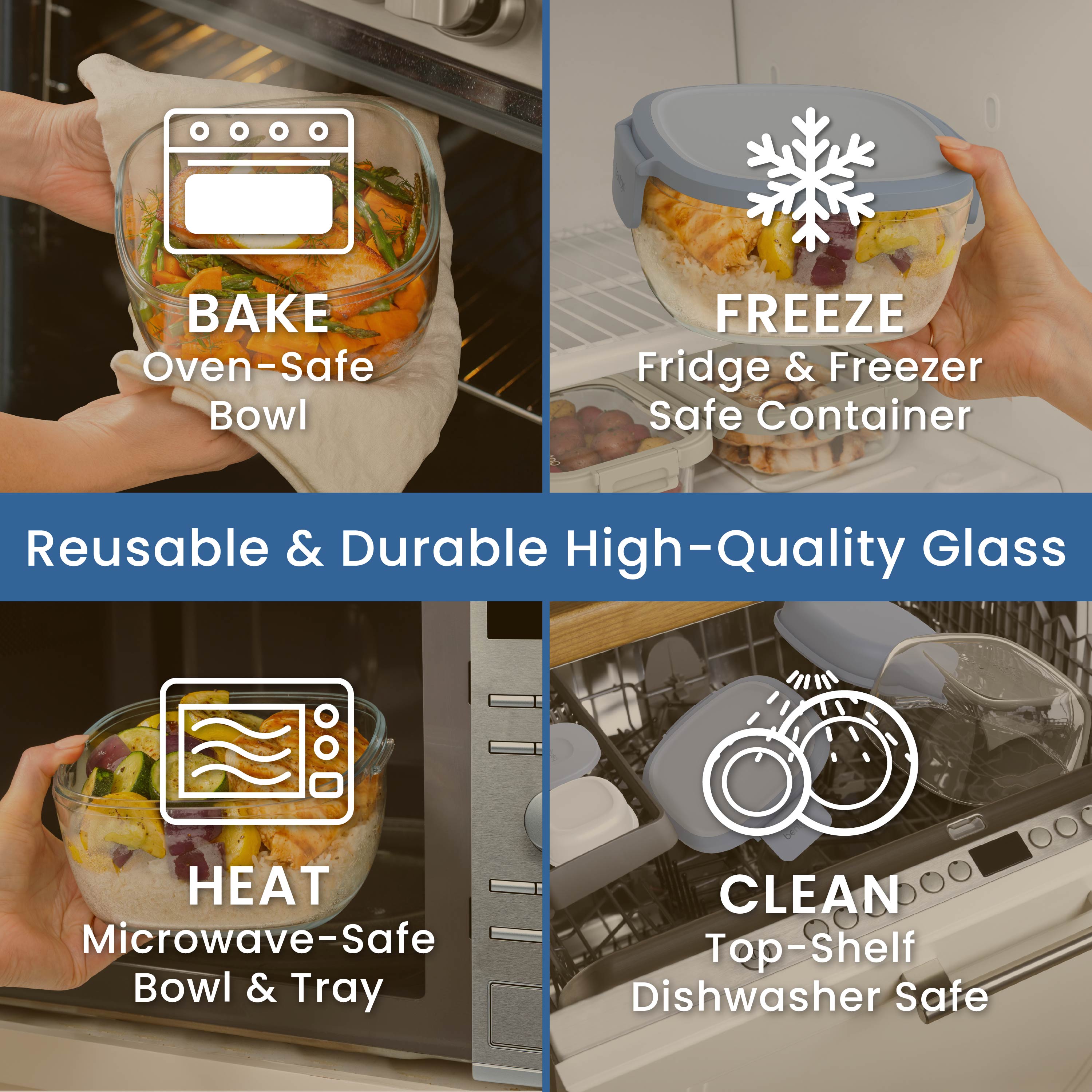 Bentgo® Glass Salad Container - Light Blue | Made With Reusable & Durable High-Quality Glass. Oven Safe, Fridge & Freezer Safe, Microwave Safe, and Top-Shelf Dishwasher Safe