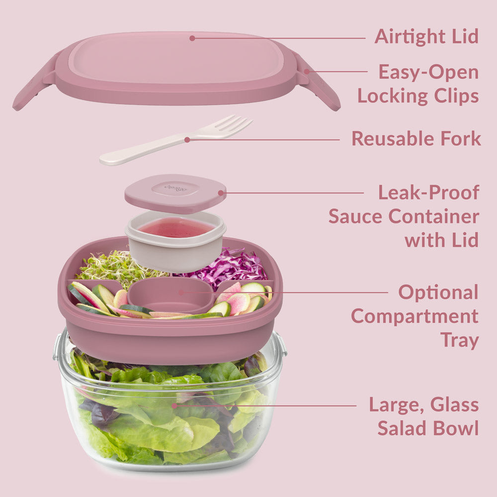 Bentgo® Glass Salad Container - Rose | Salad Container Contains An Airtight Lid, Easy-Open Locking Clips, Reusable Fork, Leak-Proof Sauce Container With Lid, Optional Compartment Tray, And Large, Glass Salad Bowl