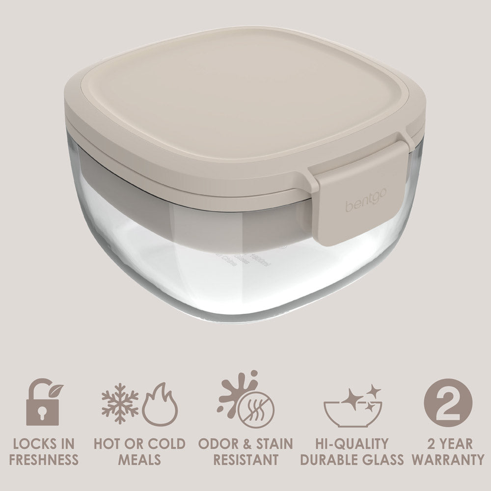 Bentgo® Glass Salad Container - White Stone Tan | Locks In Freshness, Great For Hot Or Cold Meals, Odor & Stain Resistant, Hi-Quality Durable Glass, Container With A 2 Year Warranty