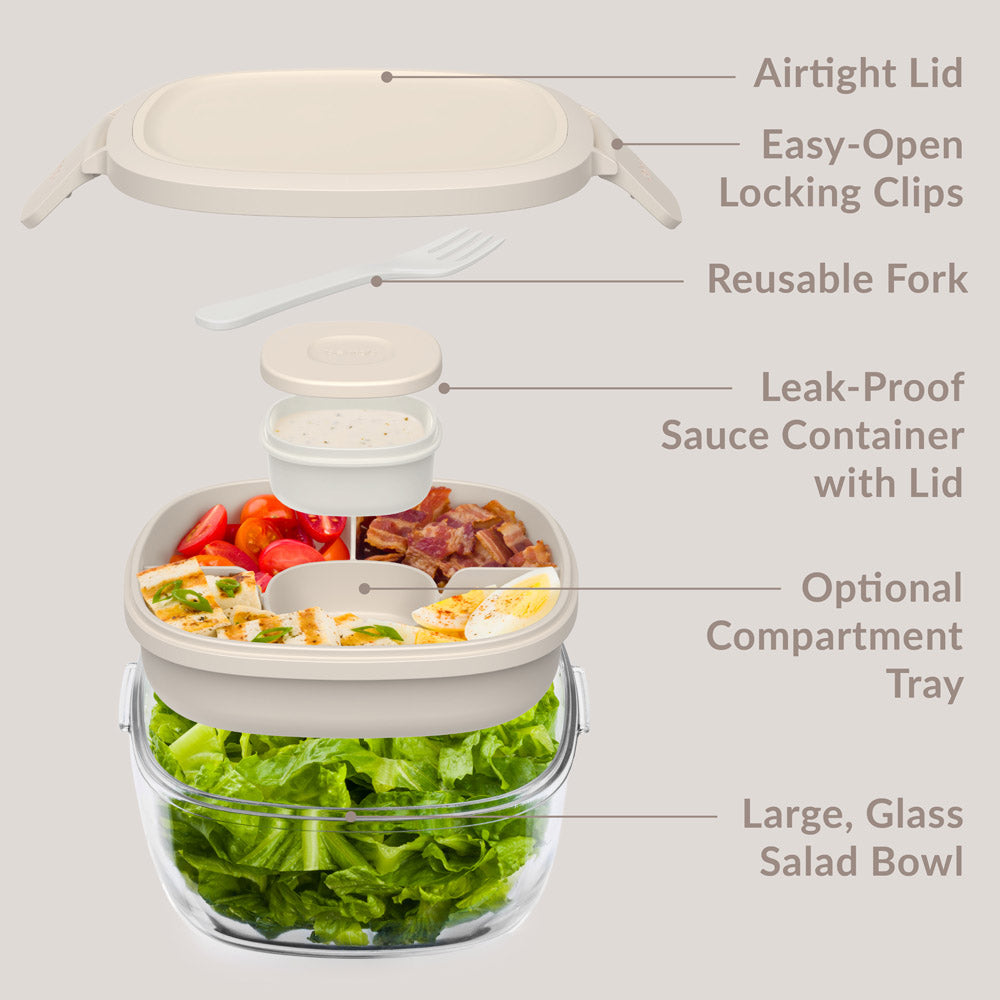 Bentgo® Glass Salad Container - White Stone Tan | Salad Container Contains An Airtight Lid, Easy-Open Locking Clips, Reusable Fork, Leak-Proof Sauce Container With Lid, Optional Compartment Tray, And Large, Glass Salad Bowl