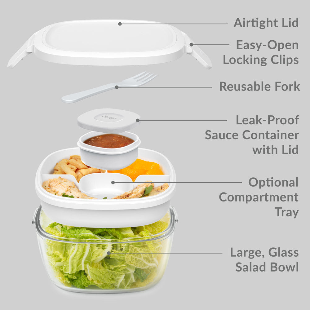 Bentgo® Glass Salad Container - White | Salad Container Contains An Airtight Lid, Easy-Open Locking Clips, Reusable Fork, Leak-Proof Sauce Container With Lid, Optional Compartment Tray, And Large, Glass Salad Bowl