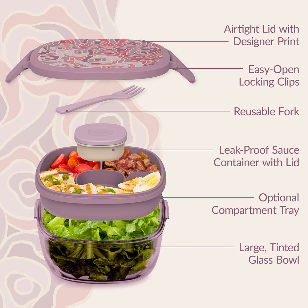 Bentgo® Glass Prints All-in-One Salad Container - Floral Maximalist - Bouquet | Salad Container Contains An Airtight Lid With Designer Print, Easy-Open Locking Clips, Reusable Fork, Leak-Proof Sauce Container With Lid, Optional Compartment Tray, And Large, Glass Salad Bowl