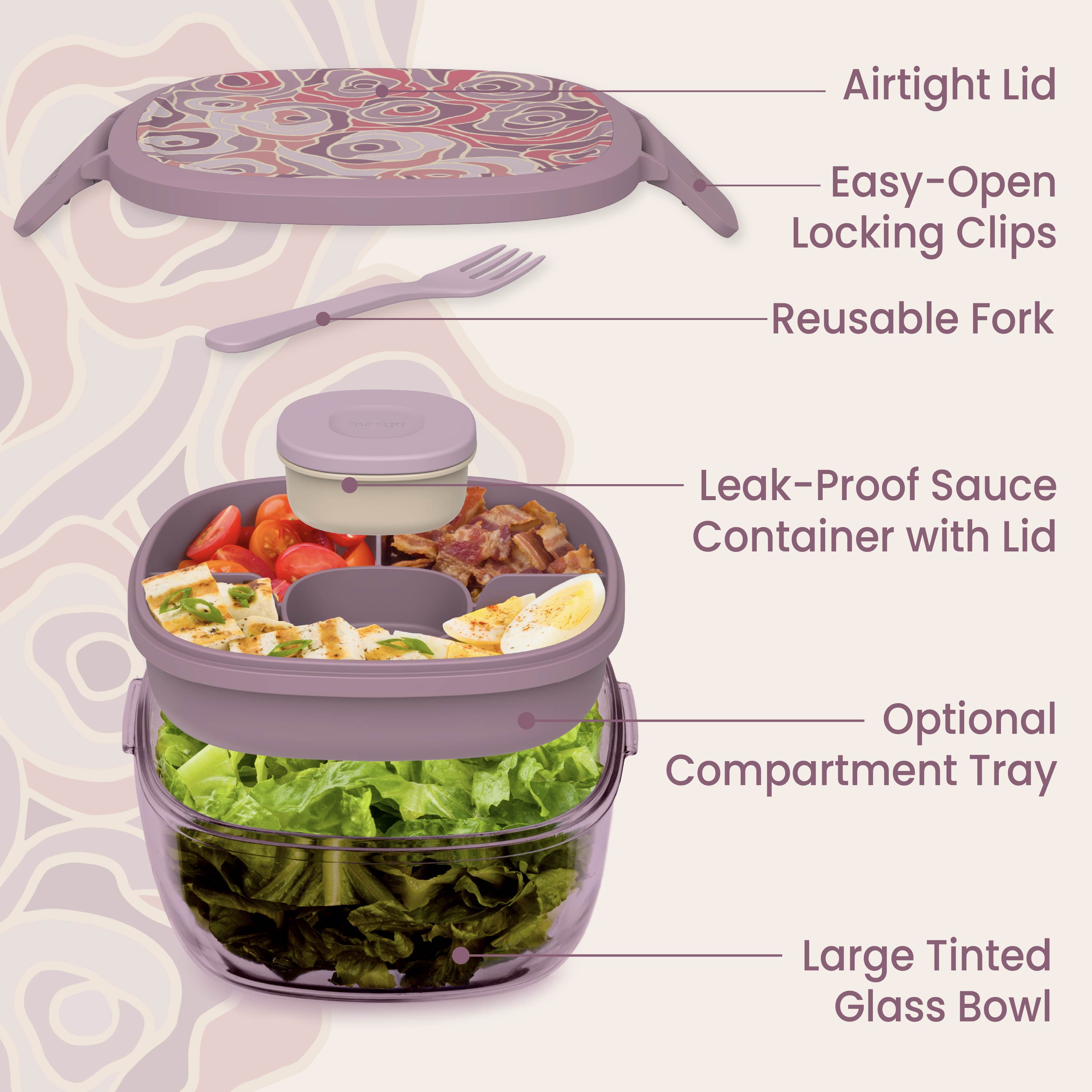 Bentgo® Glass Prints All-in-One Salad Container - Floral Maximalist - Bouquet | Salad Container Contains An Airtight Lid With Designer Print, Easy-Open Locking Clips, Reusable Fork, Leak-Proof Sauce Container With Lid, Optional Compartment Tray, And Large Tinted Glass Bowl