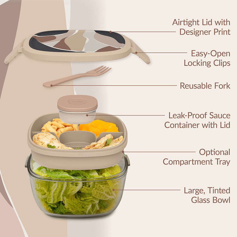 Bentgo® Glass Prints All-in-One Salad Container - Inky Abstract - Neutrals | Salad Container Contains An Airtight Lid With Designer Print, Easy-Open Locking Clips, Reusable Fork, Leak-Proof Sauce Container With Lid, Optional Compartment Tray, And Large, Glass Salad Bowl