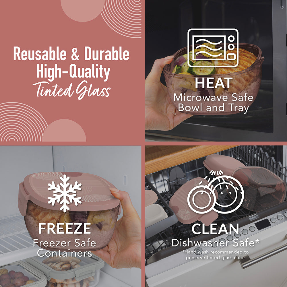 Bentgo® Glass Prints All-in-One Salad Container - Mod Curve - Desert Rose | Reusable & Durable High-Quality Tinted Glass. Microwave Safe, Freezer Safe And Dishwasher Safe
