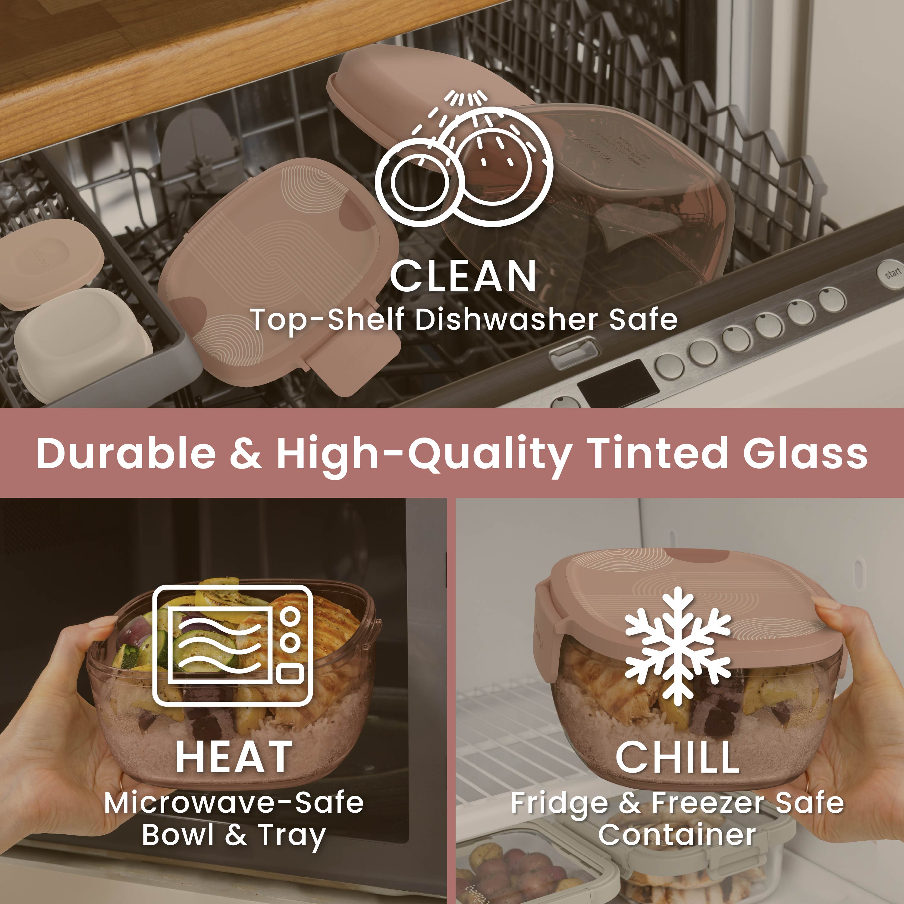 Bentgo® Glass Prints All-in-One Salad Container - Mod Curve - Desert Rose | Durable & High-Quality Tinted Glass. Microwave Safe, Fridge & Freezer Safe And Dishwasher Safe