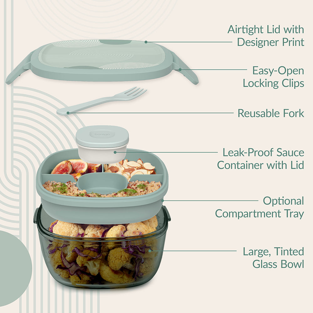 Bentgo® Glass Prints All-in-One Salad Container - Mod Curve - Serene Green | Salad Container Contains An Airtight Lid With Designer Print, Easy-Open Locking Clips, Reusable Fork, Leak-Proof Sauce Container With Lid, Optional Compartment Tray, And Large, Glass Salad Bowl