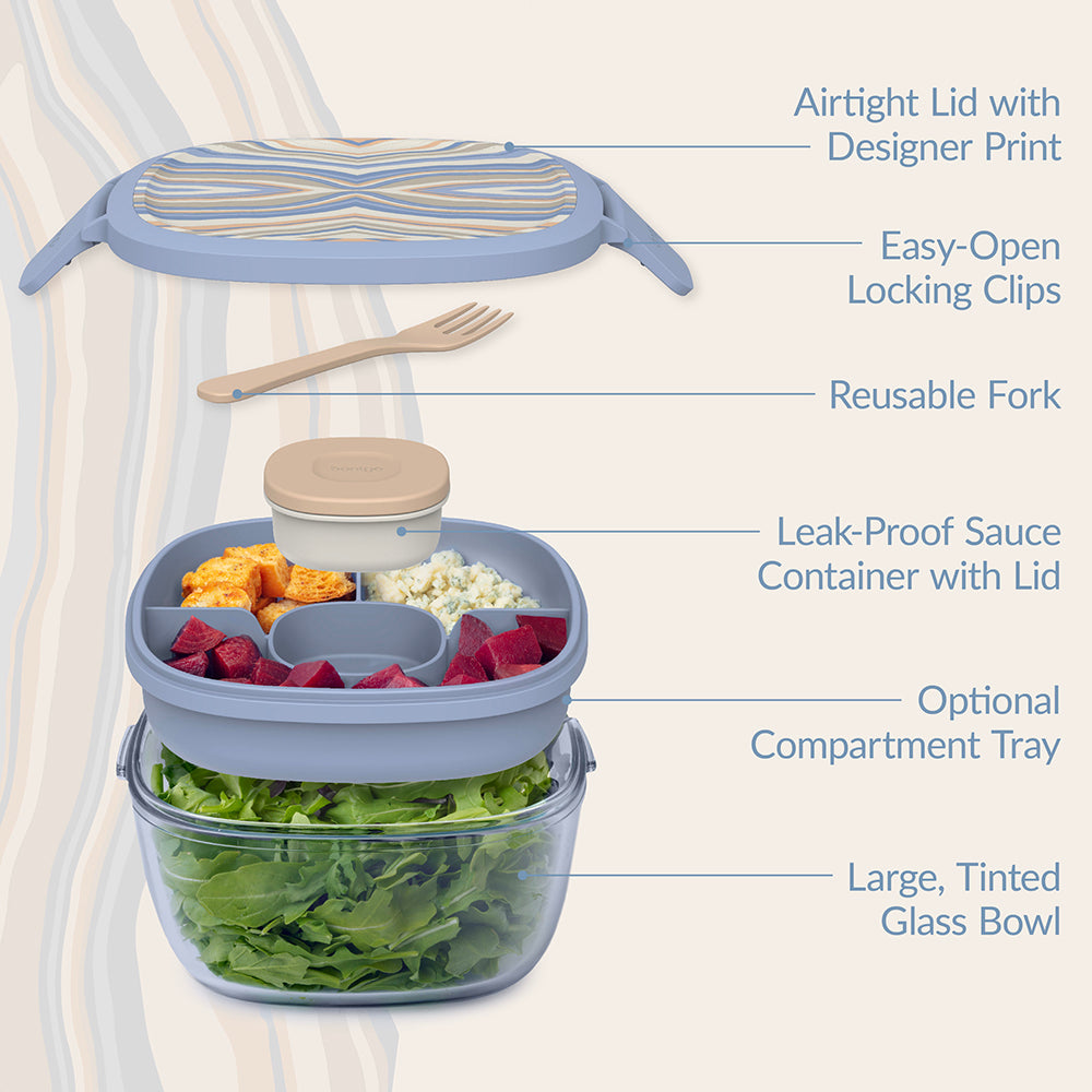 Bentgo® Glass Prints All-in-One Salad Container - Wildly Chic - Soft Blue | Salad Container Contains An Airtight Lid With Designer Print, Easy-Open Locking Clips, Reusable Fork, Leak-Proof Sauce Container With Lid, Optional Compartment Tray, And Large, Glass Salad Bowl