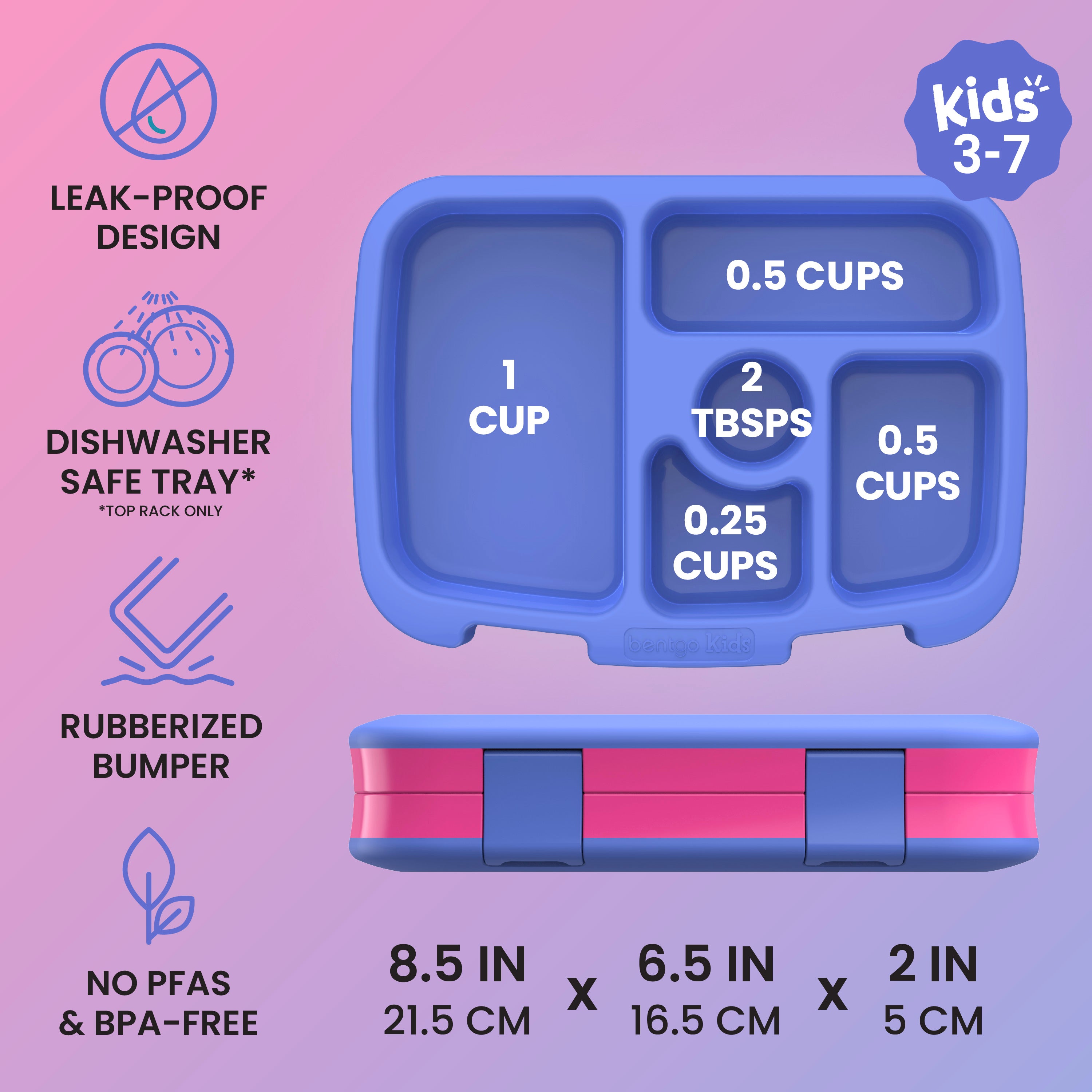 Bentgo® Kids Lunch Box - 
Fuchsia | Kids 3-7 | Leak-Proof Design, Dishwasher Safe Tray (Top-Rack Only), Rubberized Bumper, and No PFAS & BPA-Free | Product Dimensions