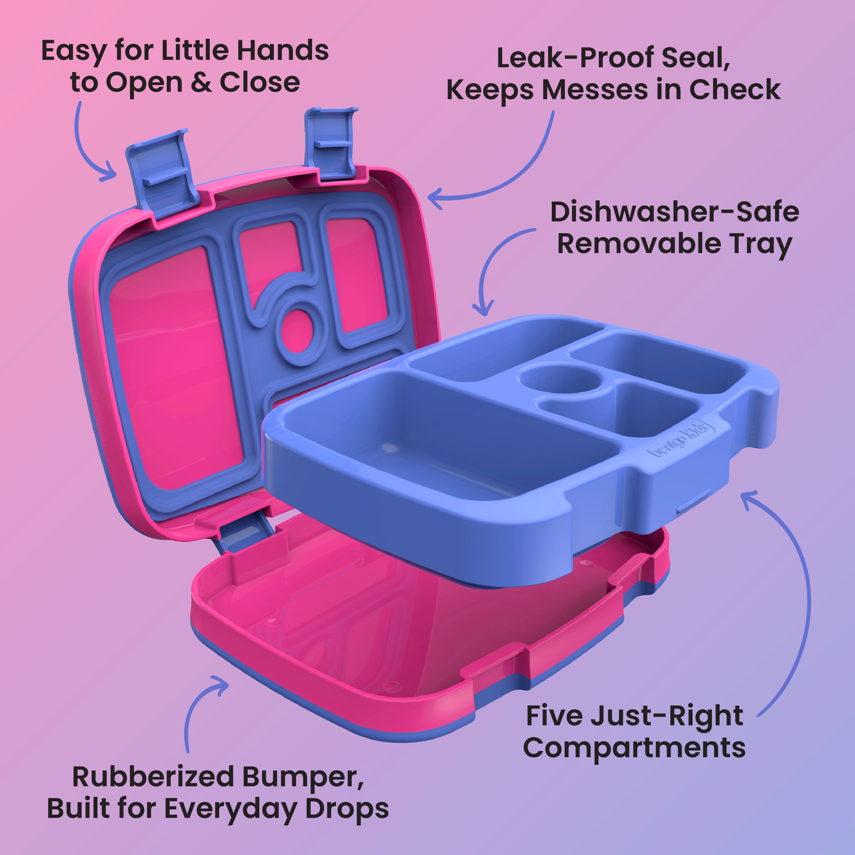 Bentgo® Kids Lunch Box - 
Fuchsia | Easy for Little Hands to Open & Close, Leak-Proof Seal - Keeps Messes in Check, Dishwasher-Safe Removable Tray, Five Just Right Compartments, and Rubberized Bumper - Built for Everyday Drops