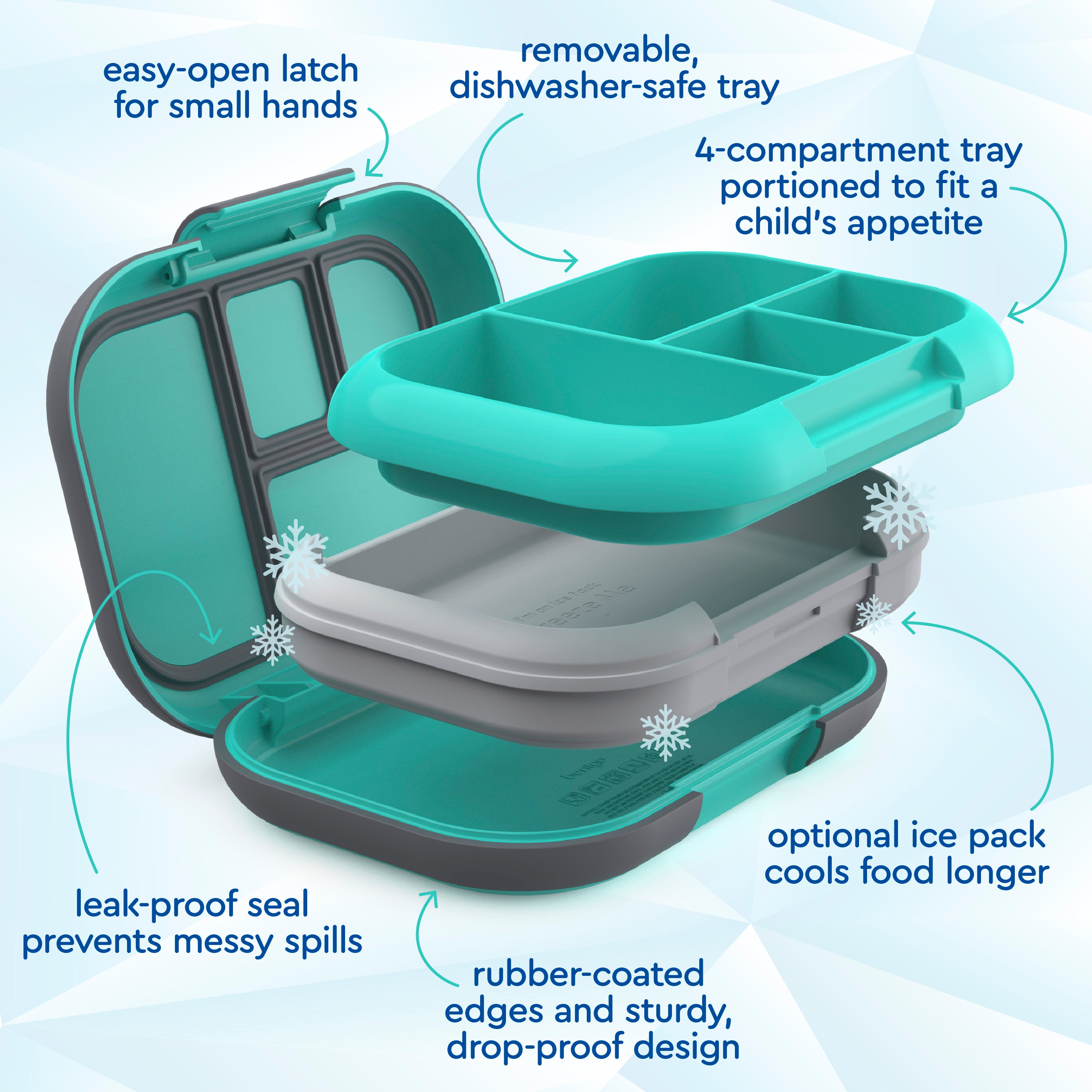 Bentgo® Chill Kids Lunch Box - Electric Aqua | Easy-Open Latch For Small Hands, Removable, Dishwasher-Safe Tray, 4-Compartment Tray Portioned To Fit A Child’s Appetite, Leak-Proof Seal Prevents Messy Spills, Optional Ice Pack Cools Food Longer, Rubber-Coated Edges And Sturdy, Drop-Proof Design