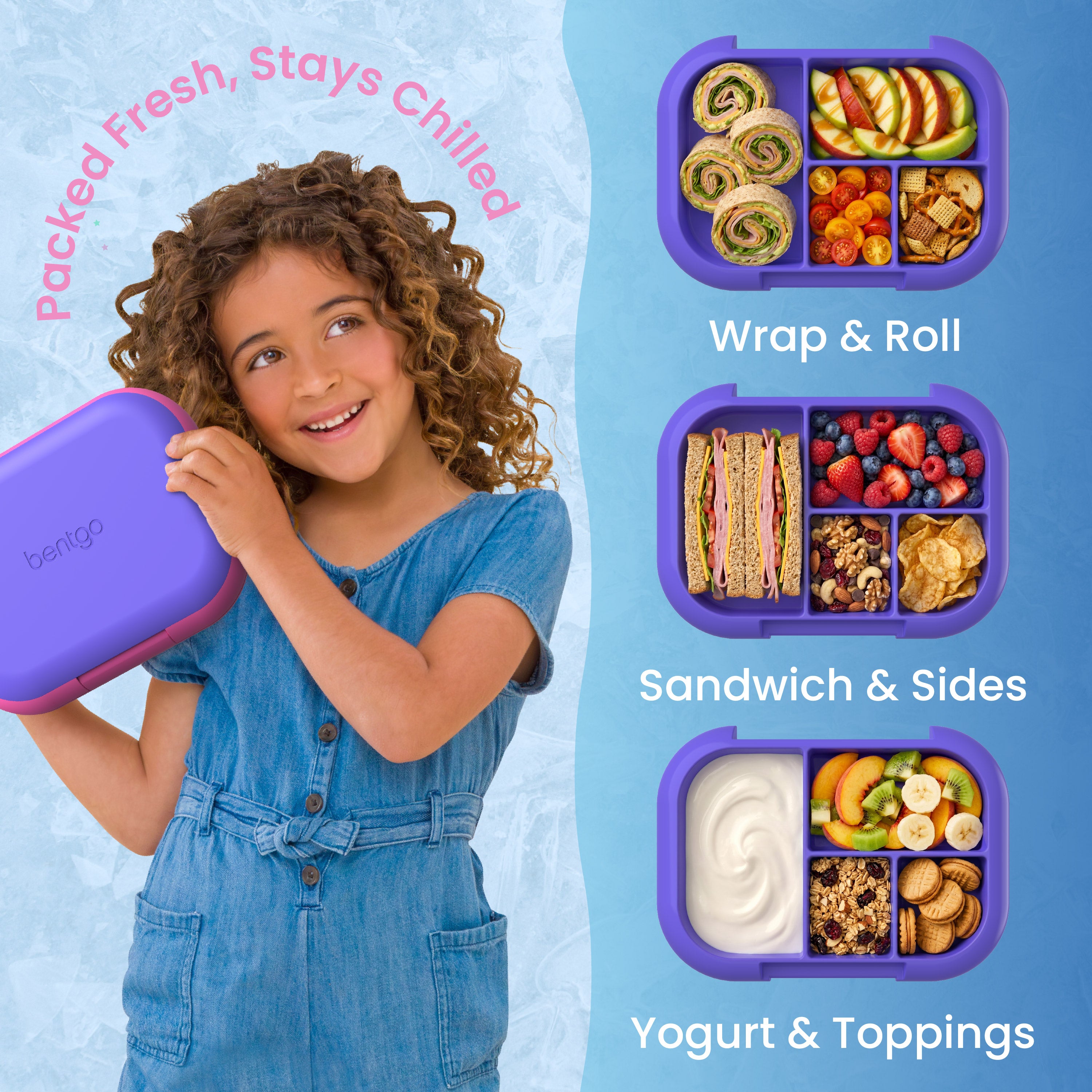 Bentgo® Chill Kids Lunch Box - Electric Violet | Kids 3-7 | Leak-Proof Design, Dishwasher Safe Tray (Top-Rack Only), Microwave Safe Tray, and No PFAS & BPA-Free | Product Dimensions
