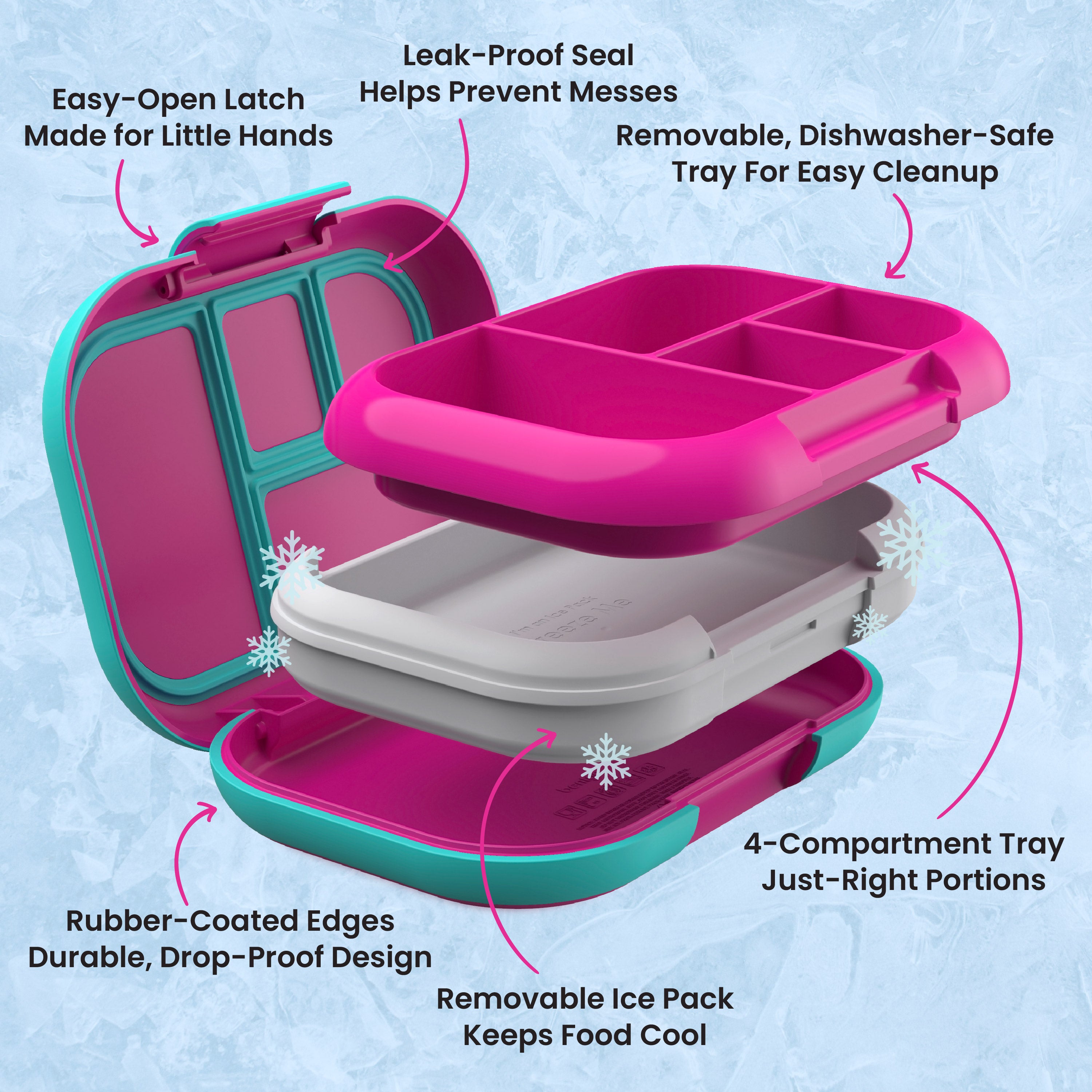 Bentgo® Chill Kids Lunch Box - Fuchsia/Teal  | Easy-Open Latch Made for Little Hands, Leak-Proof Seal Helps Prevent Messes, Removable, Dishwasher-Safe Tray for Easy Cleanup, 4-Compartment Tray Just-Right Portions, Removable Ice Pack Keeps Food Cool, and Rubber-Coated Edges - Durable, Drop-Proof Design
