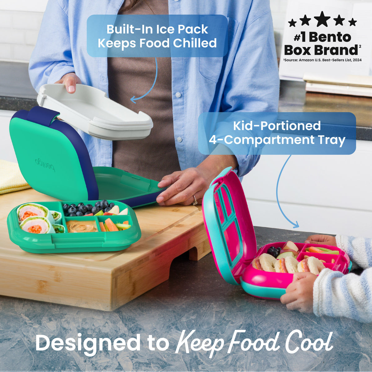Bentgo Chill Kids Lunch Box (2-Pack) - Green/Navy | Designed To Keep Food Cool - Built-In Ice Pack Keeps Food Chilled and Kid-Portioned 4-Compartment Tray