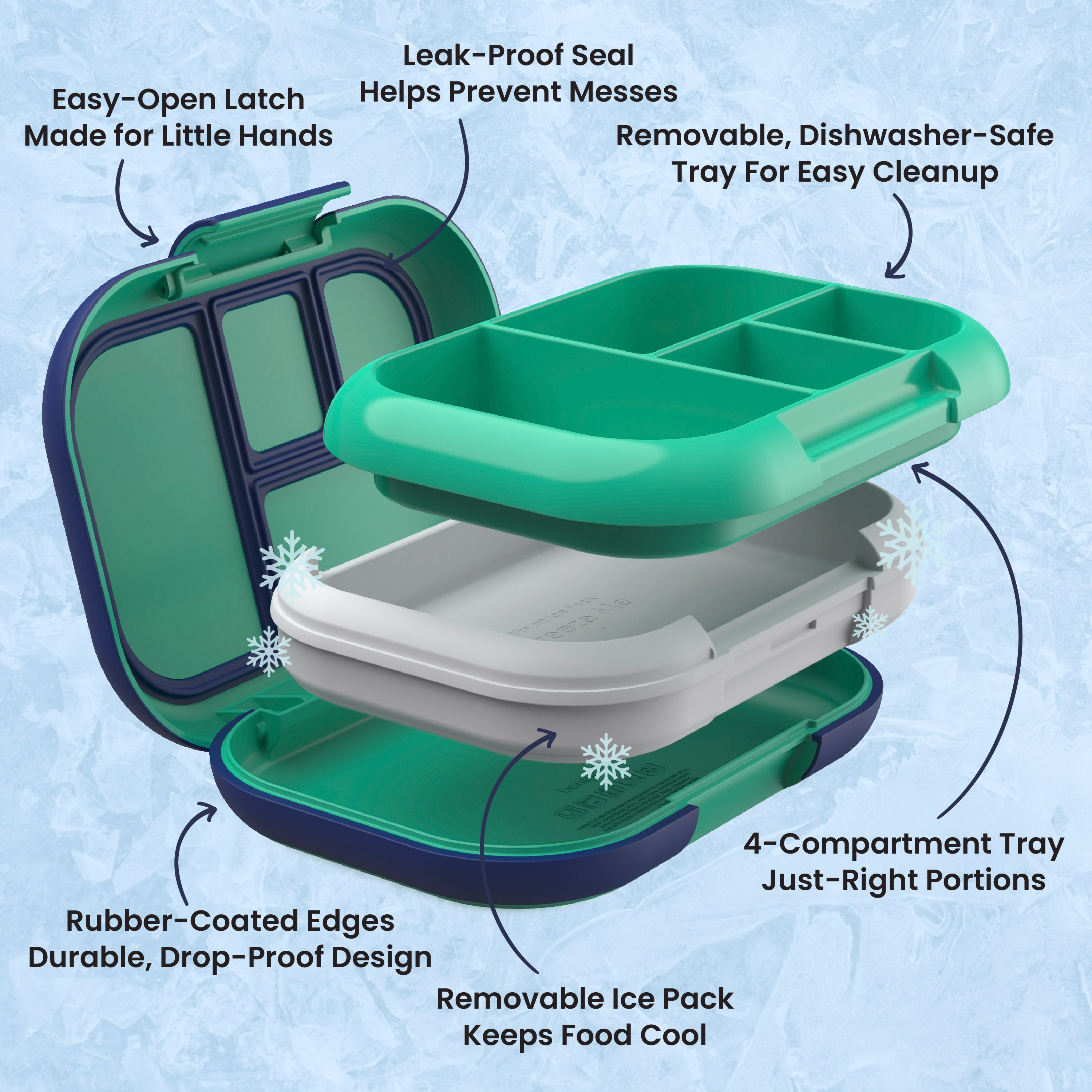 Bentgo® Chill Kids Lunch Box - Green/Navy  | Easy-Open Latch Made for Little Hands, Leak-Proof Seal Helps Prevent Messes, Removable, Dishwasher-Safe Tray for Easy Cleanup, 4-Compartment Tray Just-Right Portions, Removable Ice Pack Keeps Food Cool, and Rubber-Coated Edges - Durable, Drop-Proof Design