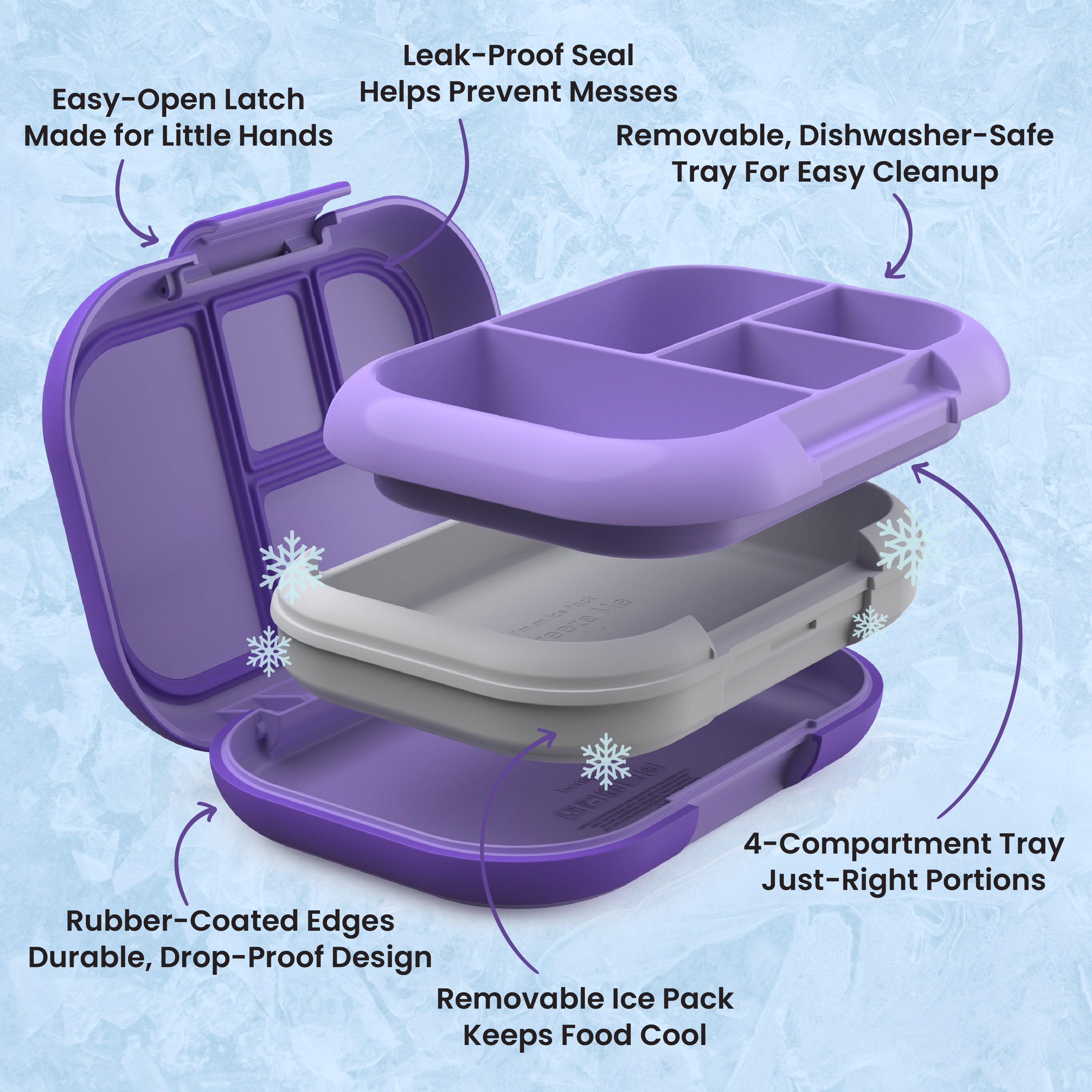 Bentgo® Chill Kids Lunch Box - Purple  | Easy-Open Latch Made for Little Hands, Leak-Proof Seal Helps Prevent Messes, Removable, Dishwasher-Safe Tray for Easy Cleanup, 4-Compartment Tray Just-Right Portions, Removable Ice Pack Keeps Food Cool, and Rubber-Coated Edges - Durable, Drop-Proof Design