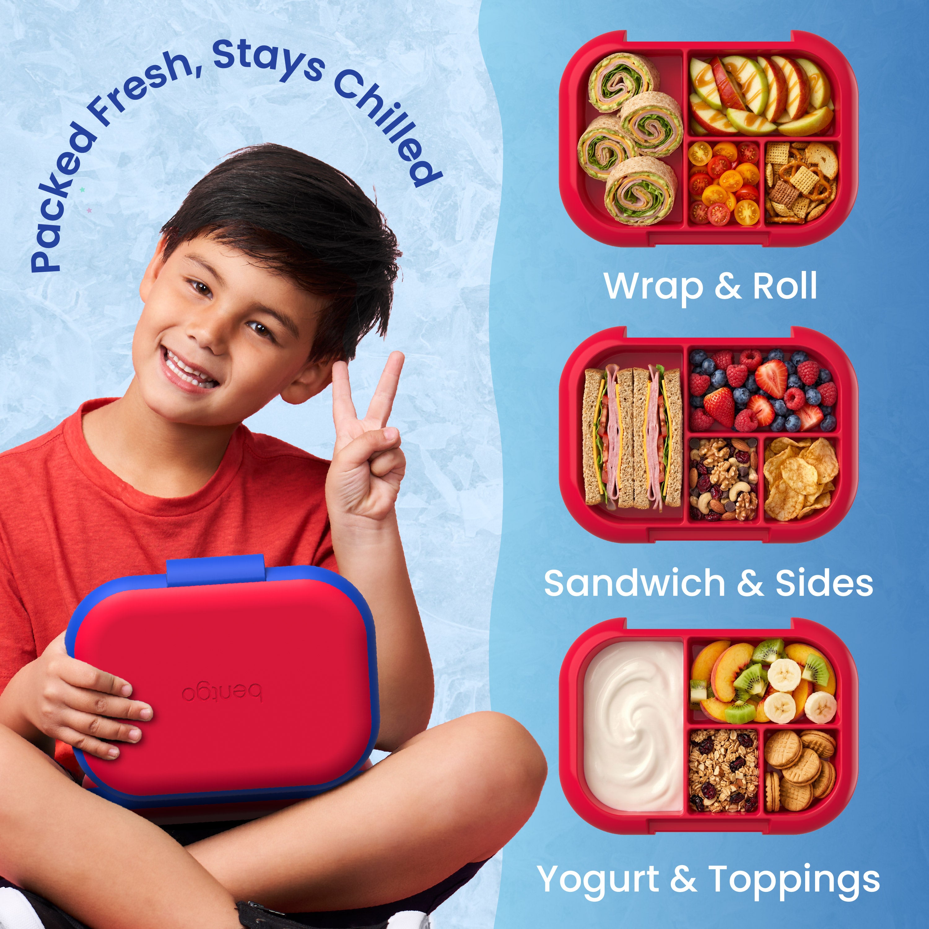 Bentgo® Chill Kids Lunch Box - Red/Royal | Packed Fresh, Stays Chilled - Wrap & Roll, Sandwich & Sides, and Yogurt & Toppings
