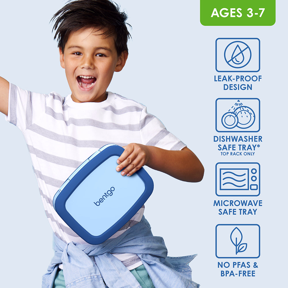 Bentgo® Kids Lunch Box - Blue | Leak-Proof Design, Dishwasher Safe Tray - Top Rack Only, Microwave Safe Tray, And NO PFAs & BPA-Free