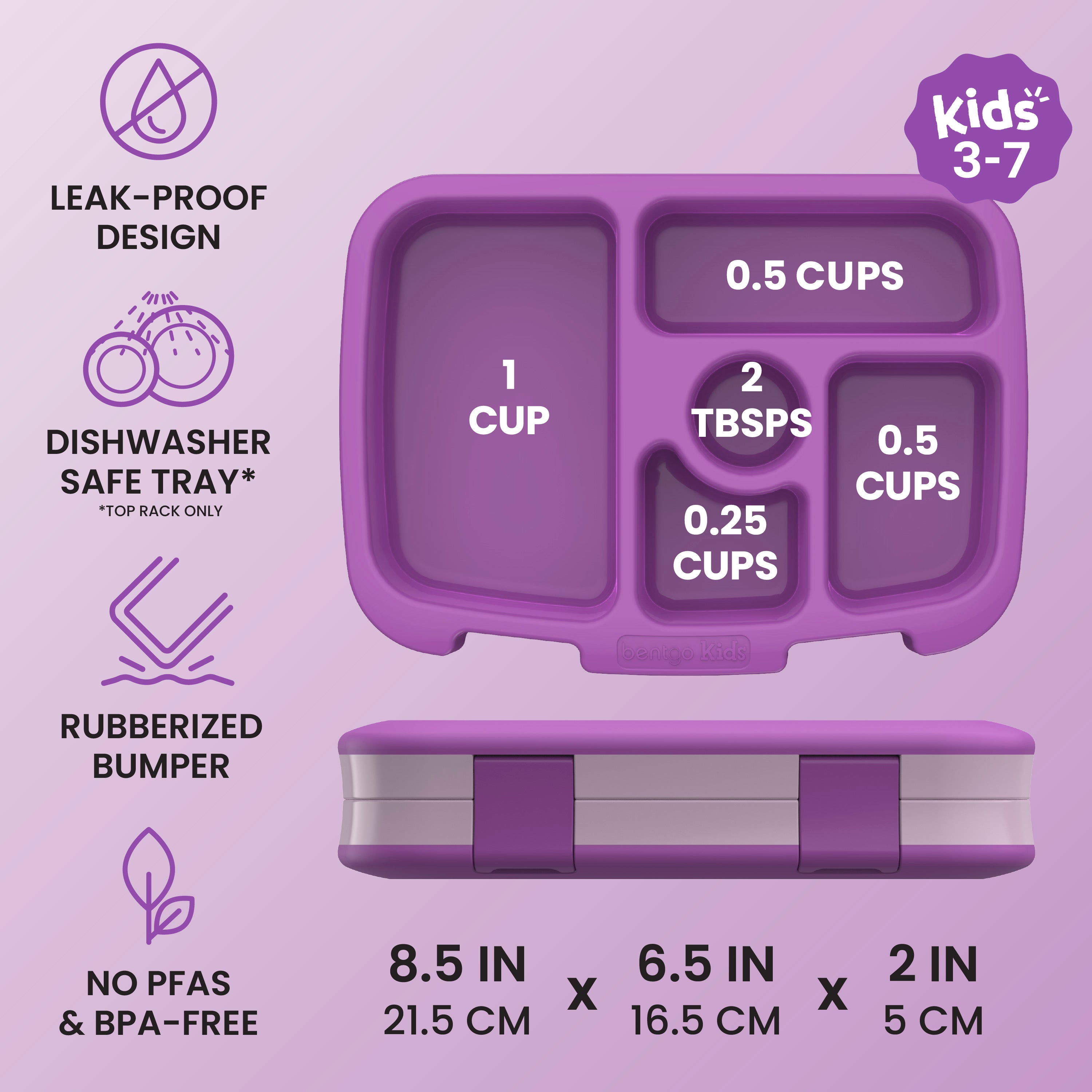 Bentgo® Kids Lunch Box - Purple | Kids 3-7 | Leak-Proof Design, Dishwasher Safe Tray (Top-Rack Only), Rubberized Bumper, and No PFAS & BPA-Free | Product Dimensions